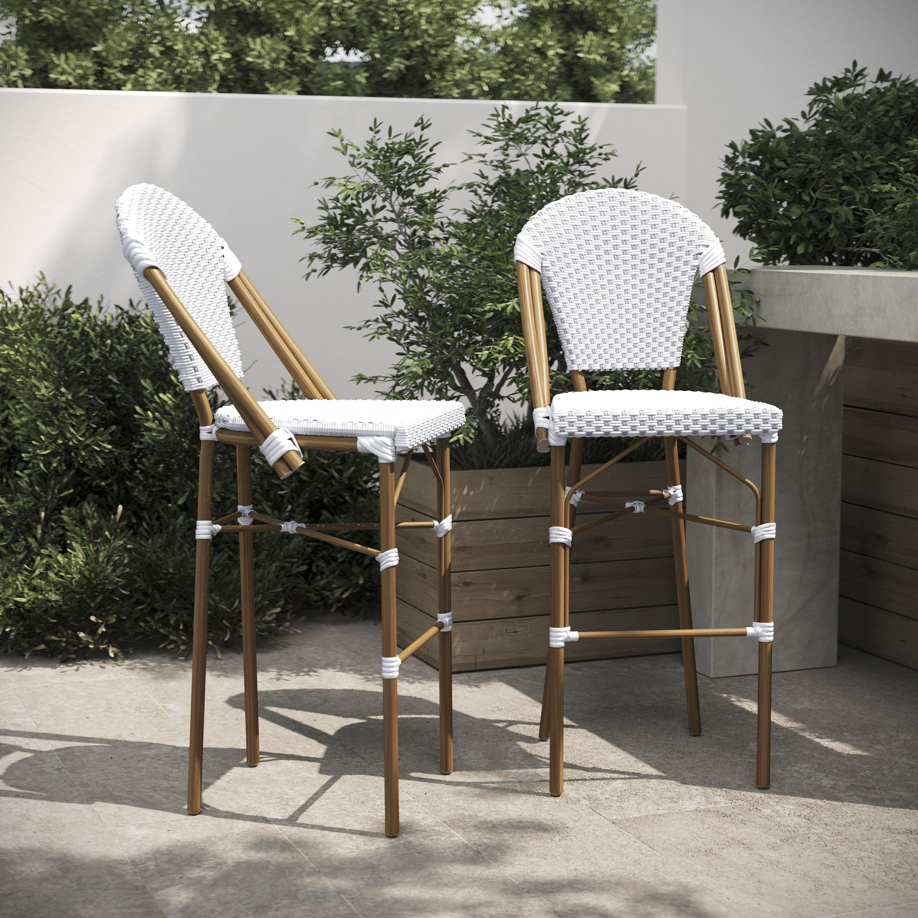 Lourdes Set of 2 Stackable Indoor/Outdoor French Bistro 30" High Barstools, Commercial Grade, White/Gray and Bamboo Finish