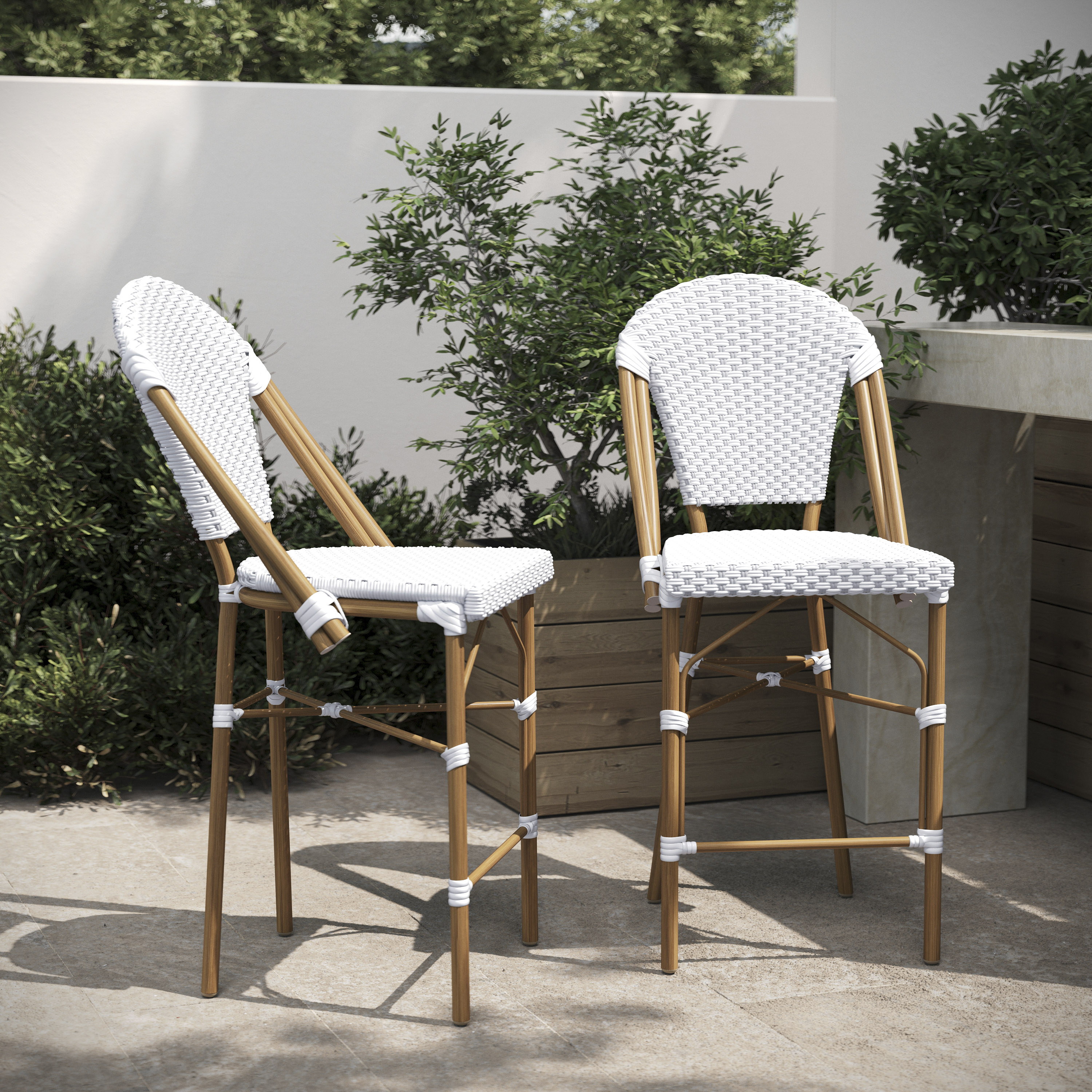 Lourdes Set of 2 Stackable Indoor/Outdoor French Bistro 26" High Counter Height Stools, Commercial Grade, White/Gray and Bamboo Finish