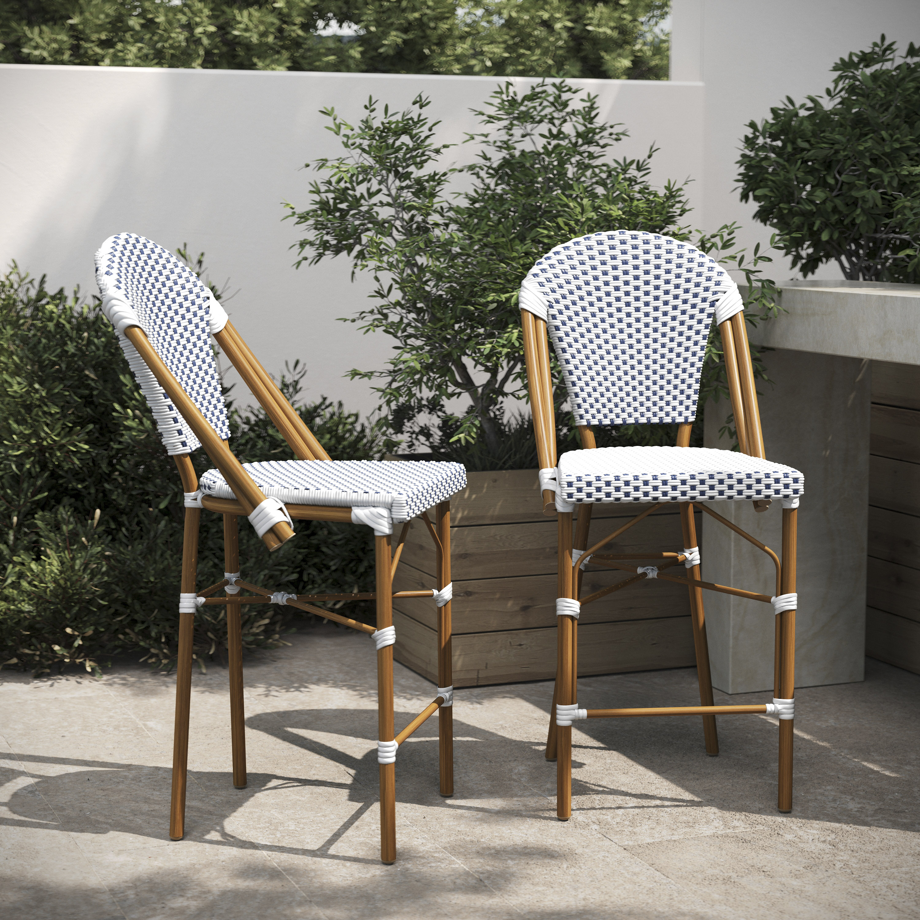 Lourdes Set of 2 Stackable Indoor/Outdoor French Bistro 26" High Counter Height Stools, Commercial Grade, White/Navy and Bamboo Finish