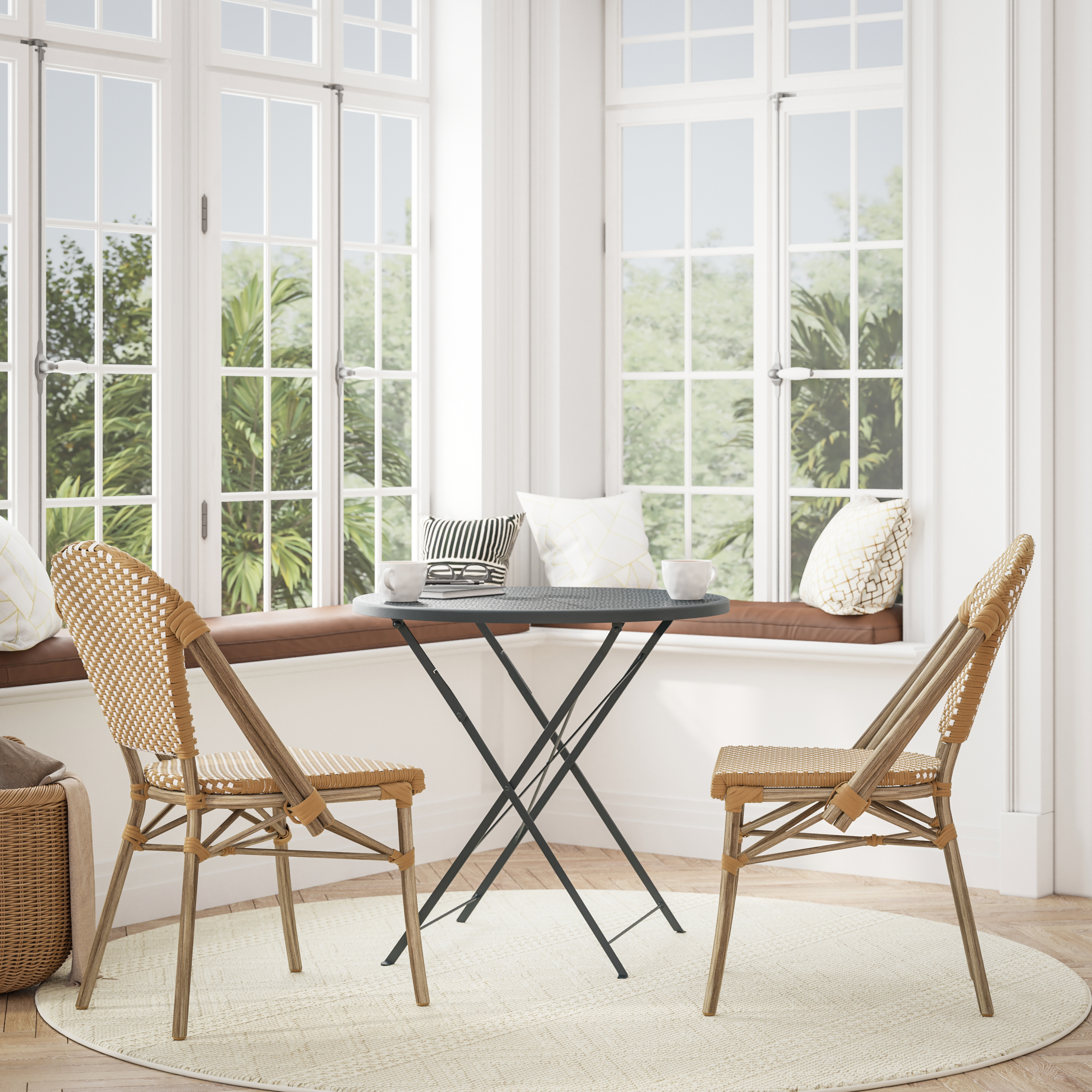 Lourdes Set of 2 Indoor/Outdoor Commercial French Bistro Stack Chairs, Natural/White PE Rattan Back & Seat, Bamboo Print Light Natural Aluminum Frame