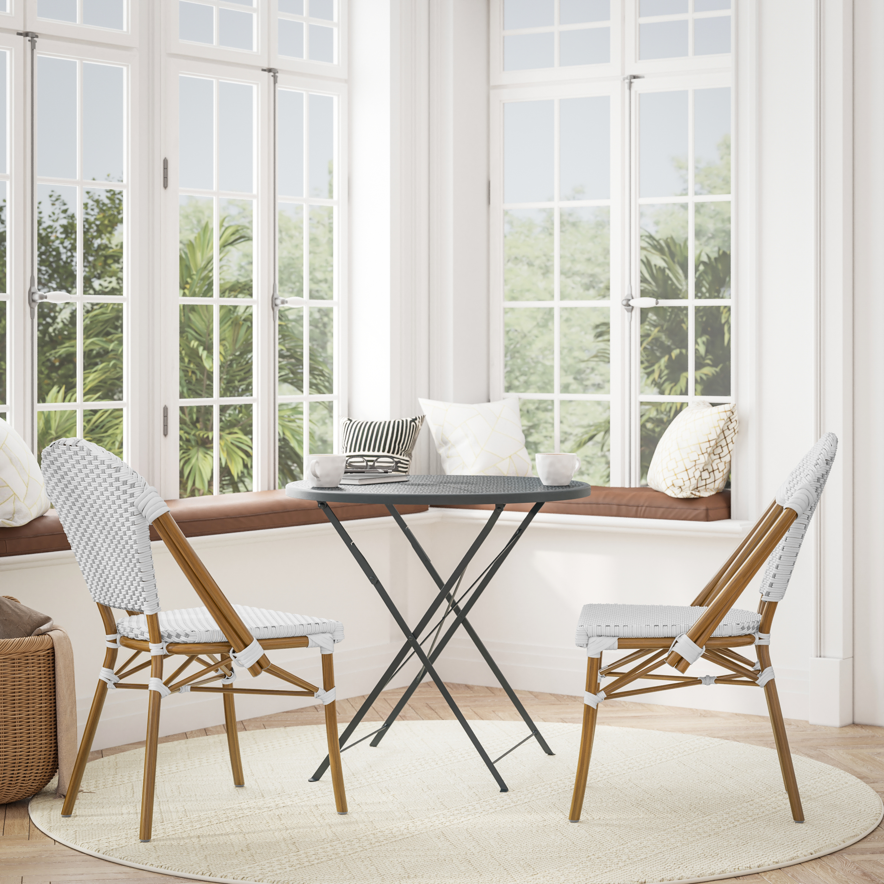 Lourdes Set of 2 Indoor/Outdoor Commercial French Bistro Stacking Chair, White/Gray PE Rattan Back and Seat, Bamboo Print Aluminum Frame in Natural