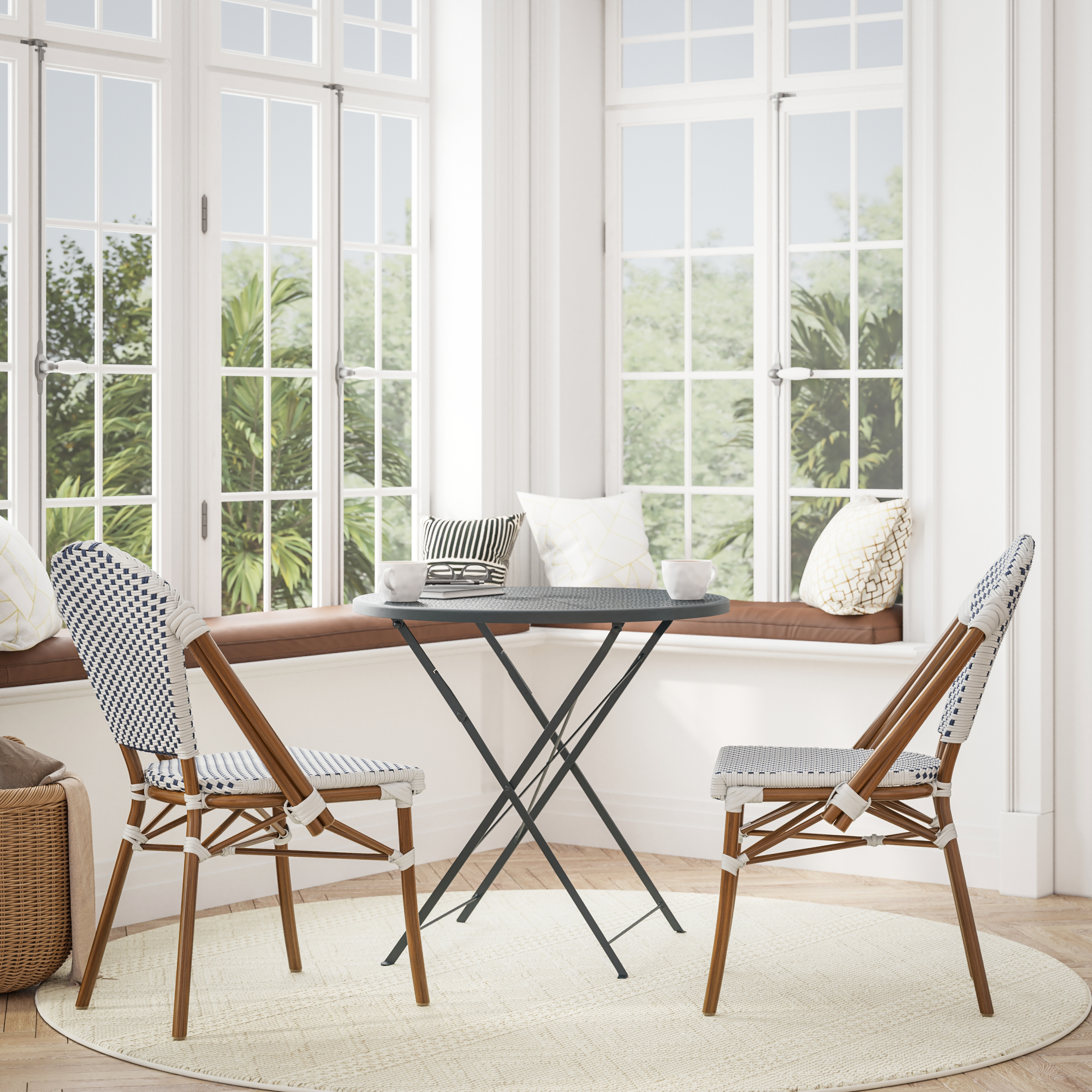 Lourdes Set of 2 Indoor/Outdoor Commercial French Bistro Stacking Chair, White/Navy PE Rattan Back and Seat, Bamboo Print Aluminum Frame in Natural