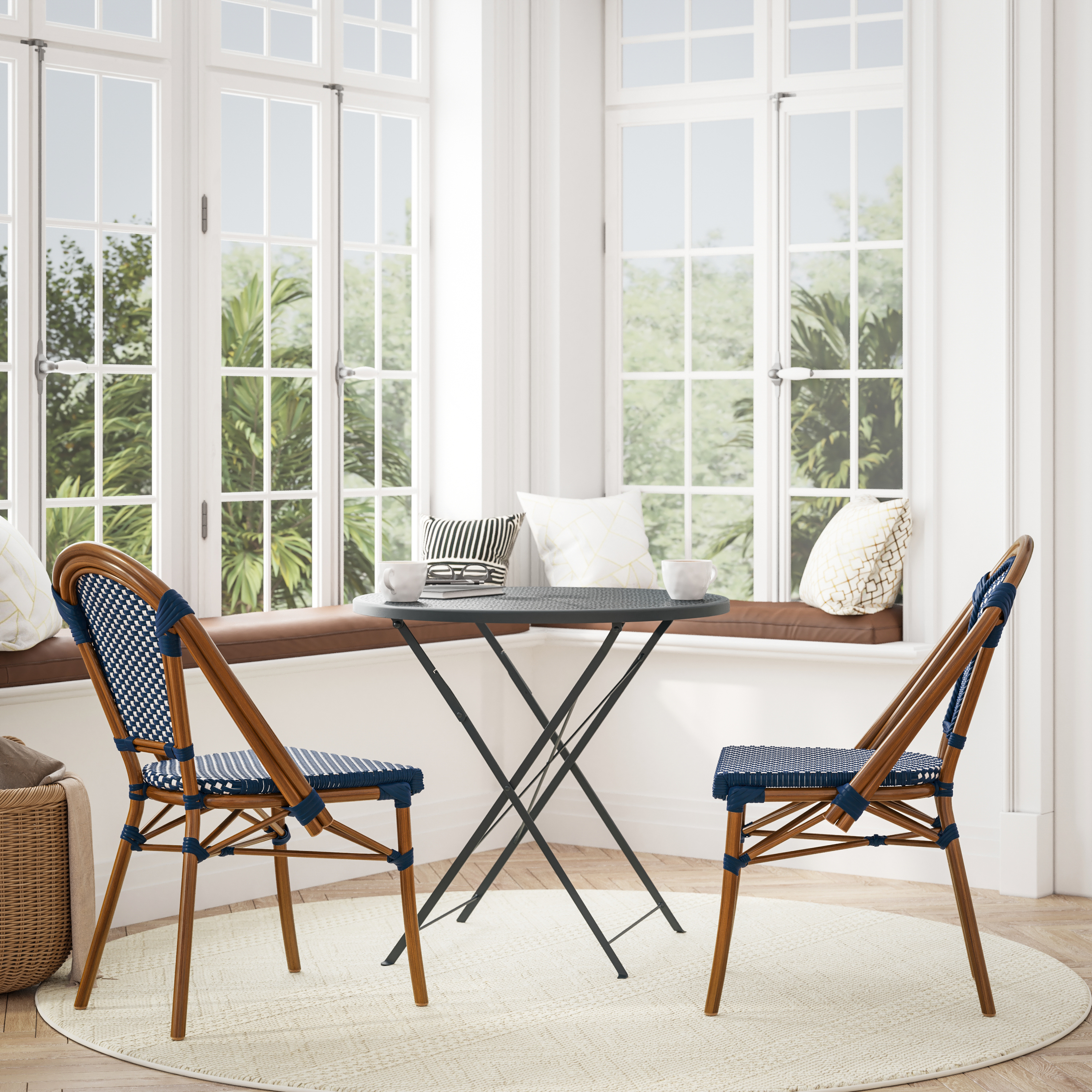 Bordeaux Set of 2 Indoor/Outdoor Commercial French Bistro Stacking Chairs, Navy/White PE Rattan Back and Seat, Bamboo Print Aluminum Frame in Natural