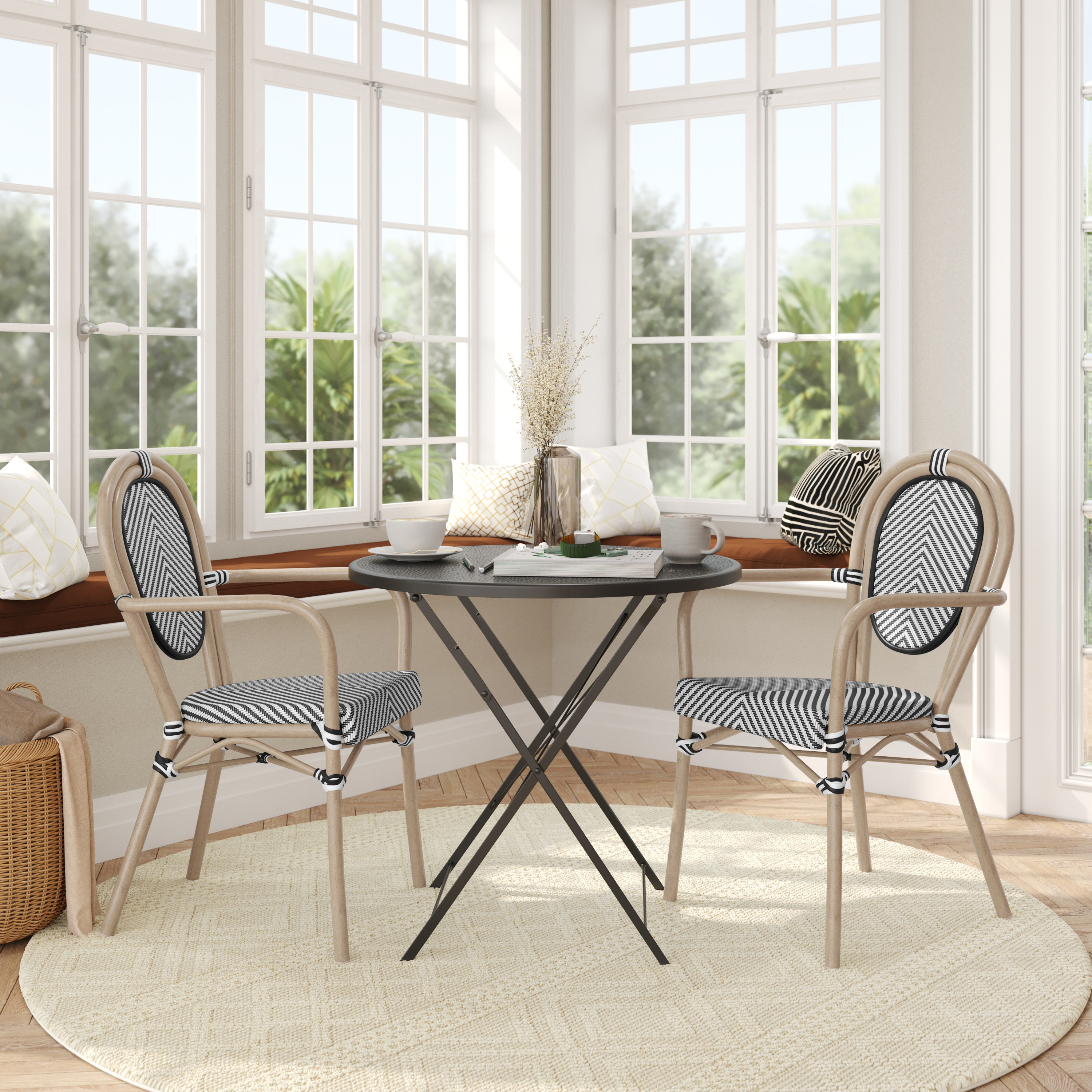 2 Pack Marseille Indoor/Outdoor Commercial Thonet French Bistro Stack Chair with Arms, Black/White Textilene and Bamboo Aluminum Frame in LT Natural
