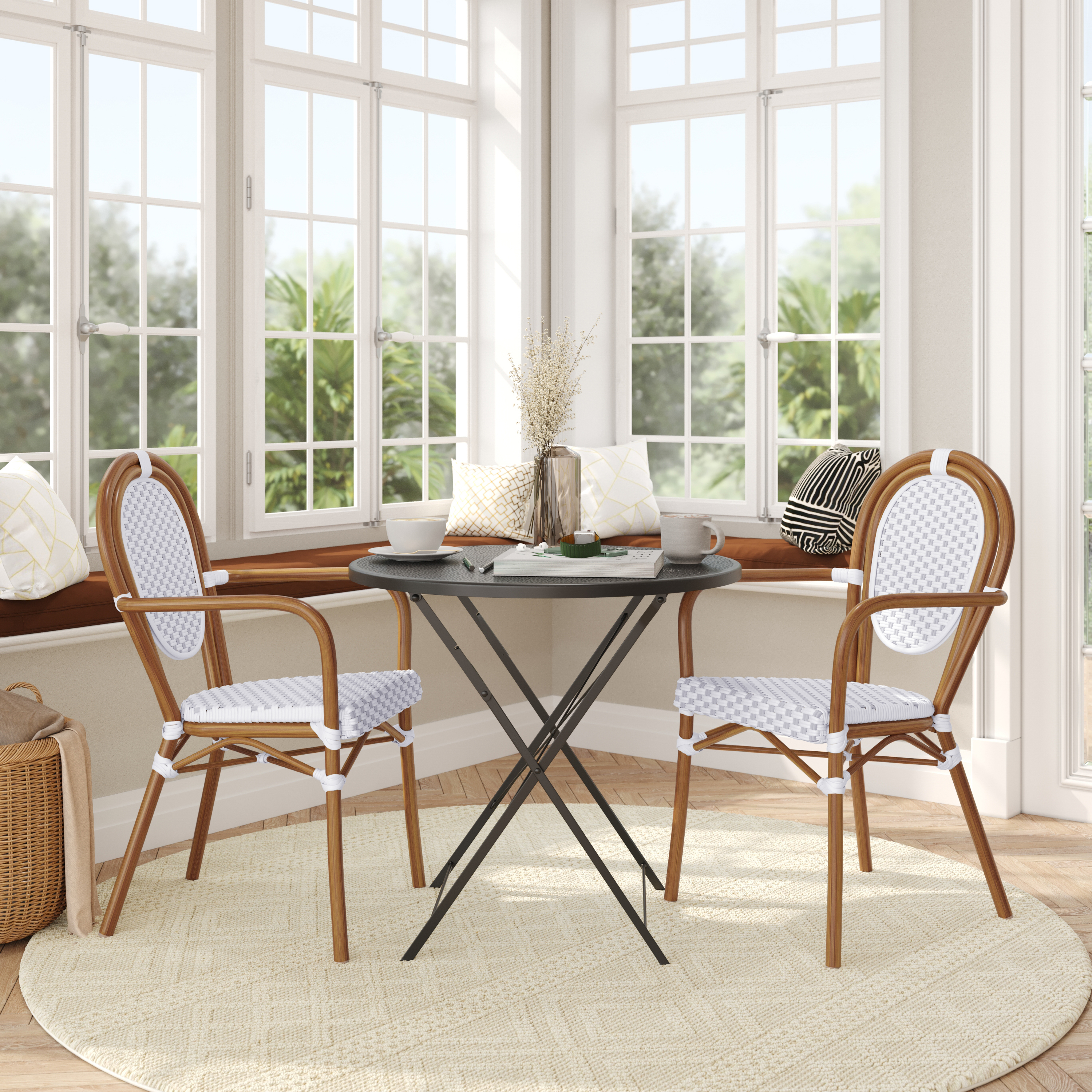 2 Pack Lourdes Indoor/Outdoor Commercial Thonet French Bistro Stacking Chair with Arms, White and Gray PE Rattan and Bamboo Aluminum Frame in Natural