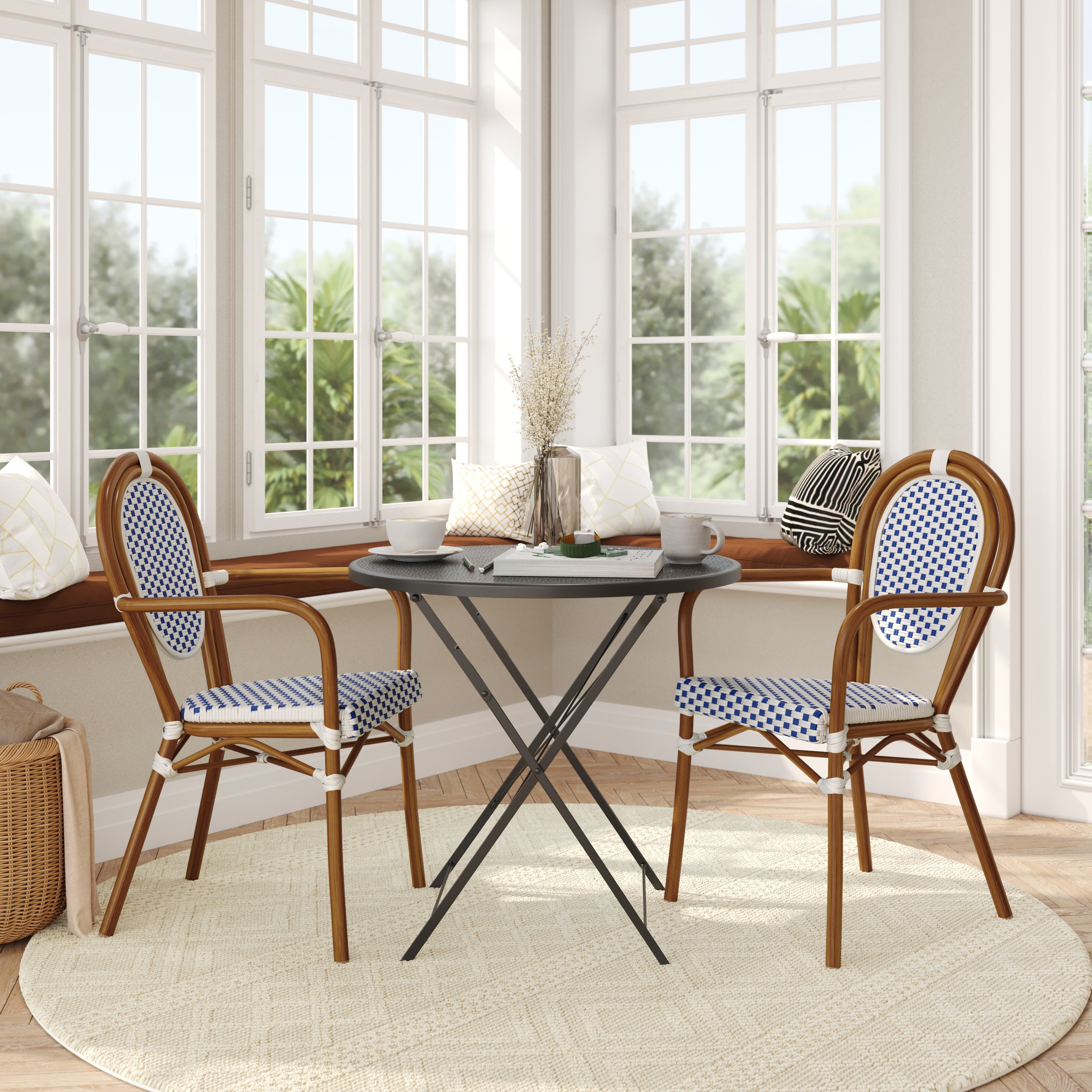 2 Pack Lourdes Indoor/Outdoor Commercial Thonet French Bistro Stacking Chair with Arms, White and Navy PE Rattan and Bamboo Aluminum Frame in Natural