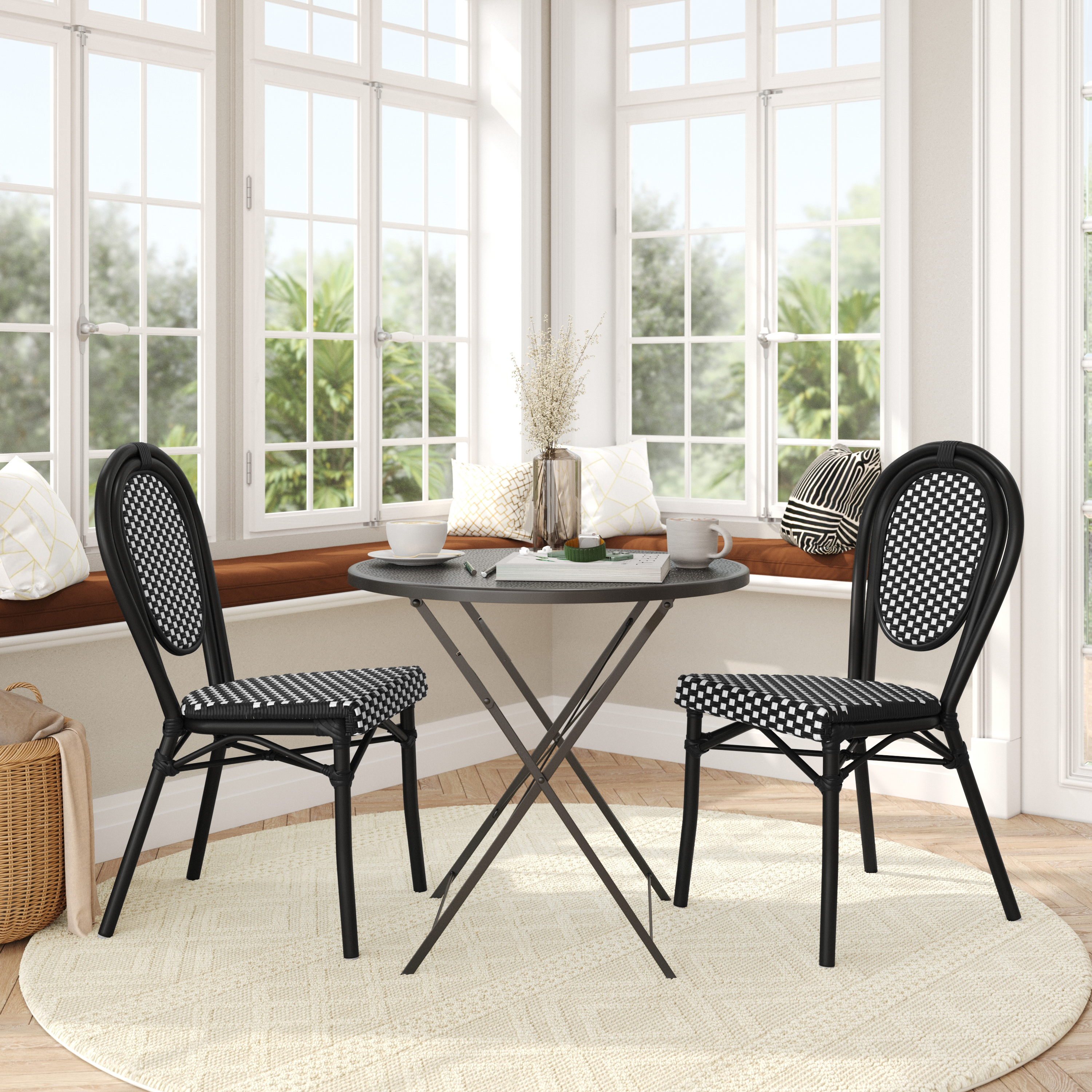 2 Pack Lourdes Indoor/Outdoor Commercial Thonet French Bistro Stacking Chair, Black and White PE Rattan and Black Aluminum Frame