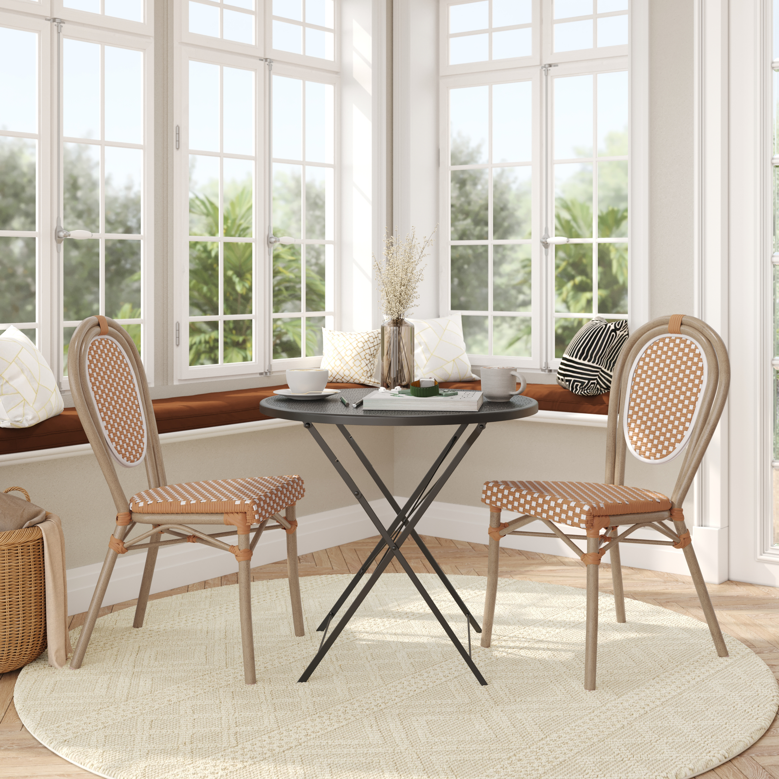 2 Pack Lourdes Indoor/Outdoor Commercial Thonet French Bistro Stacking Chair, Natural/White PE Rattan and Bamboo Print Aluminum Frame in Light Natural