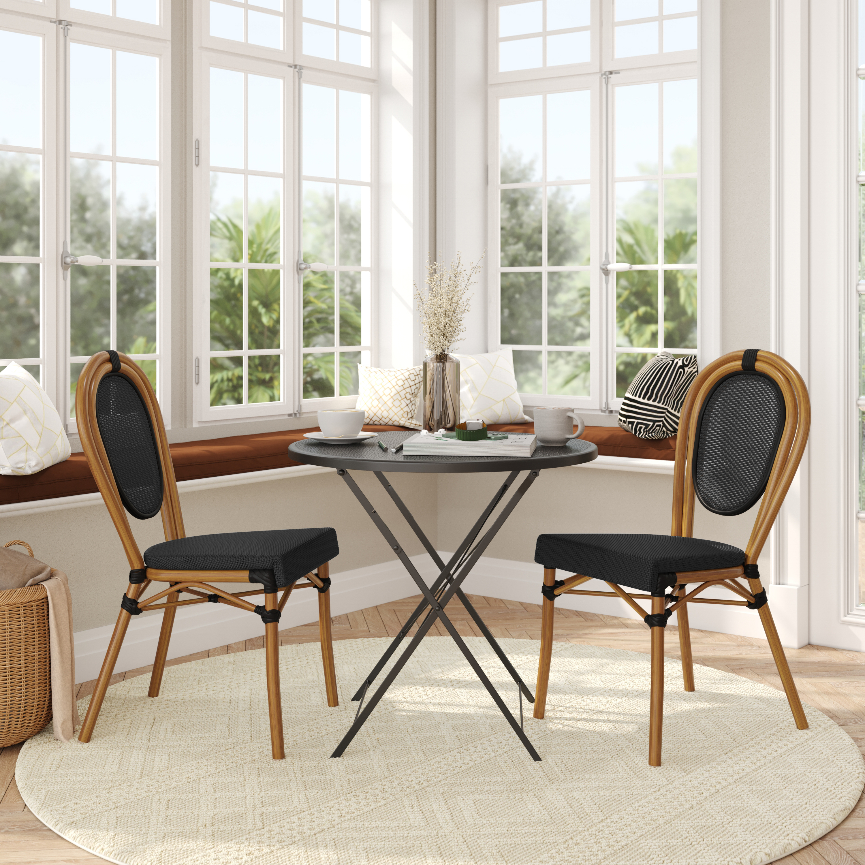 2 Pack Marseille Indoor/Outdoor Commercial Thonet French Bistro Stacking Chair, Black Textilene and Bamboo Print Aluminum Frame in Natural