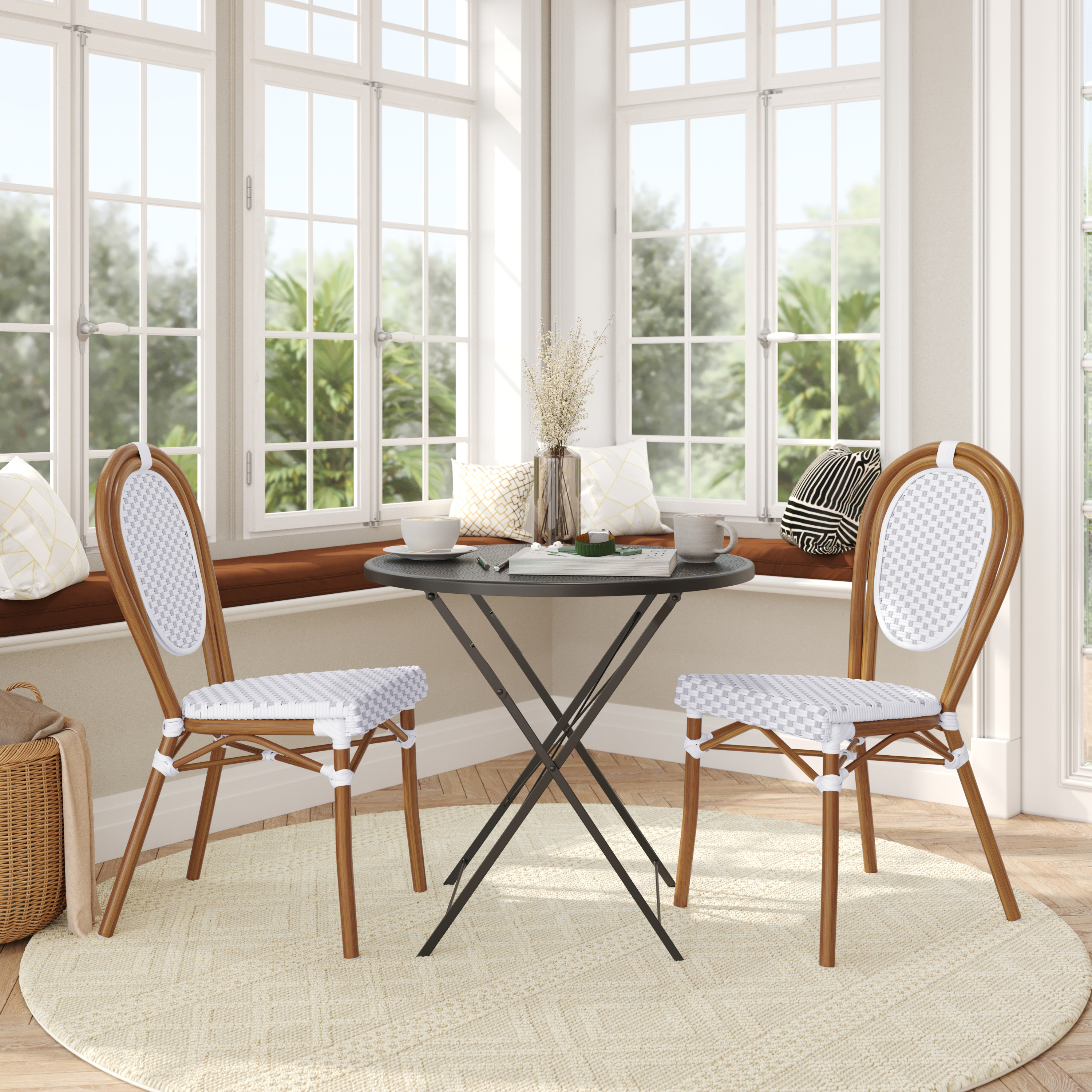 2 Pack Lourdes Indoor/Outdoor Commercial Thonet French Bistro Stacking Chair, White and Gray PE Rattan and Bamboo Print Aluminum Frame in Natural