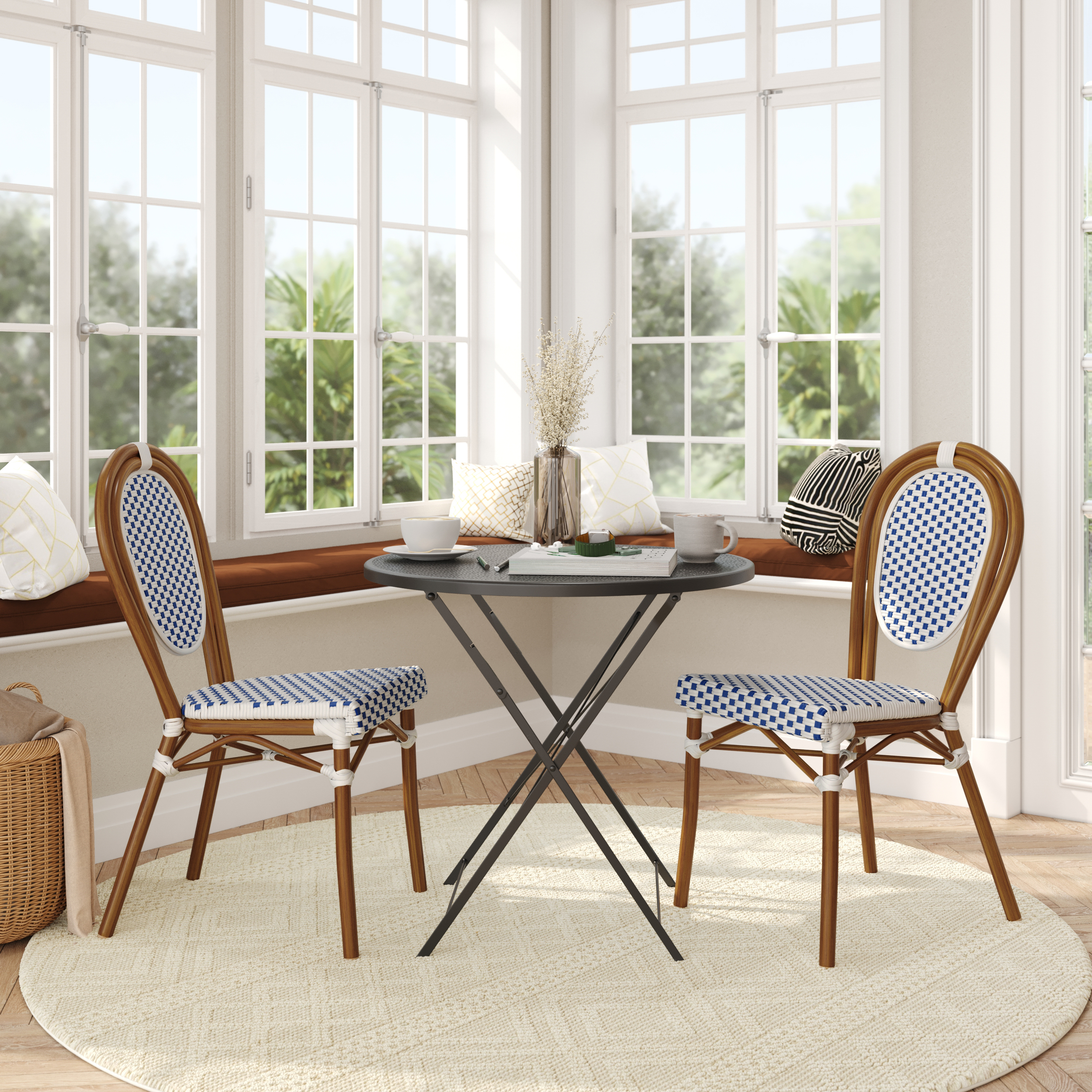 2 Pack Lourdes Indoor/Outdoor Commercial Thonet French Bistro Stacking Chair, White and Navy PE Rattan and Bamboo Print Aluminum Frame in Natural
