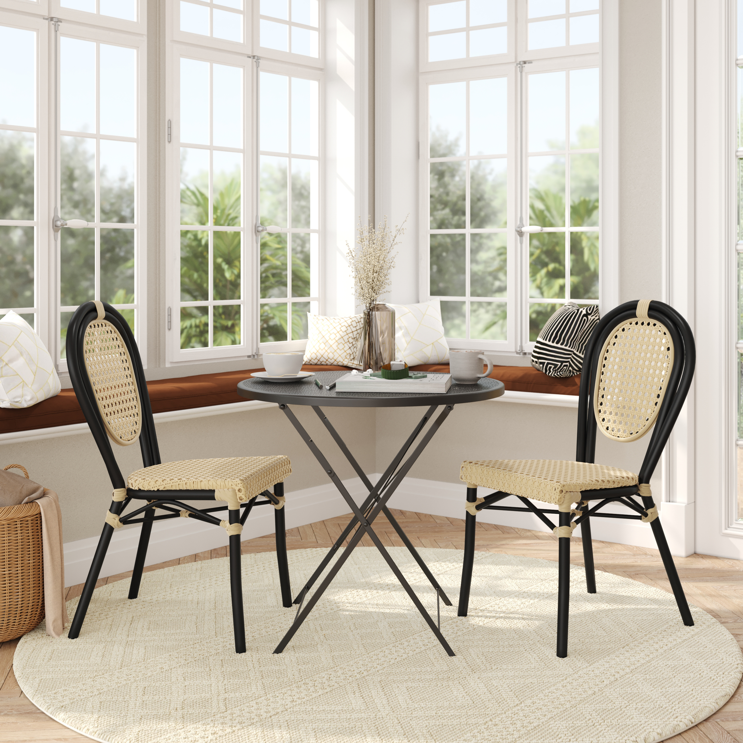 2 Pack Cannes Indoor/Outdoor Commercial Thonet French Bistro Stacking Chair, Natural PE Cane Rattan and Black Aluminum Frame