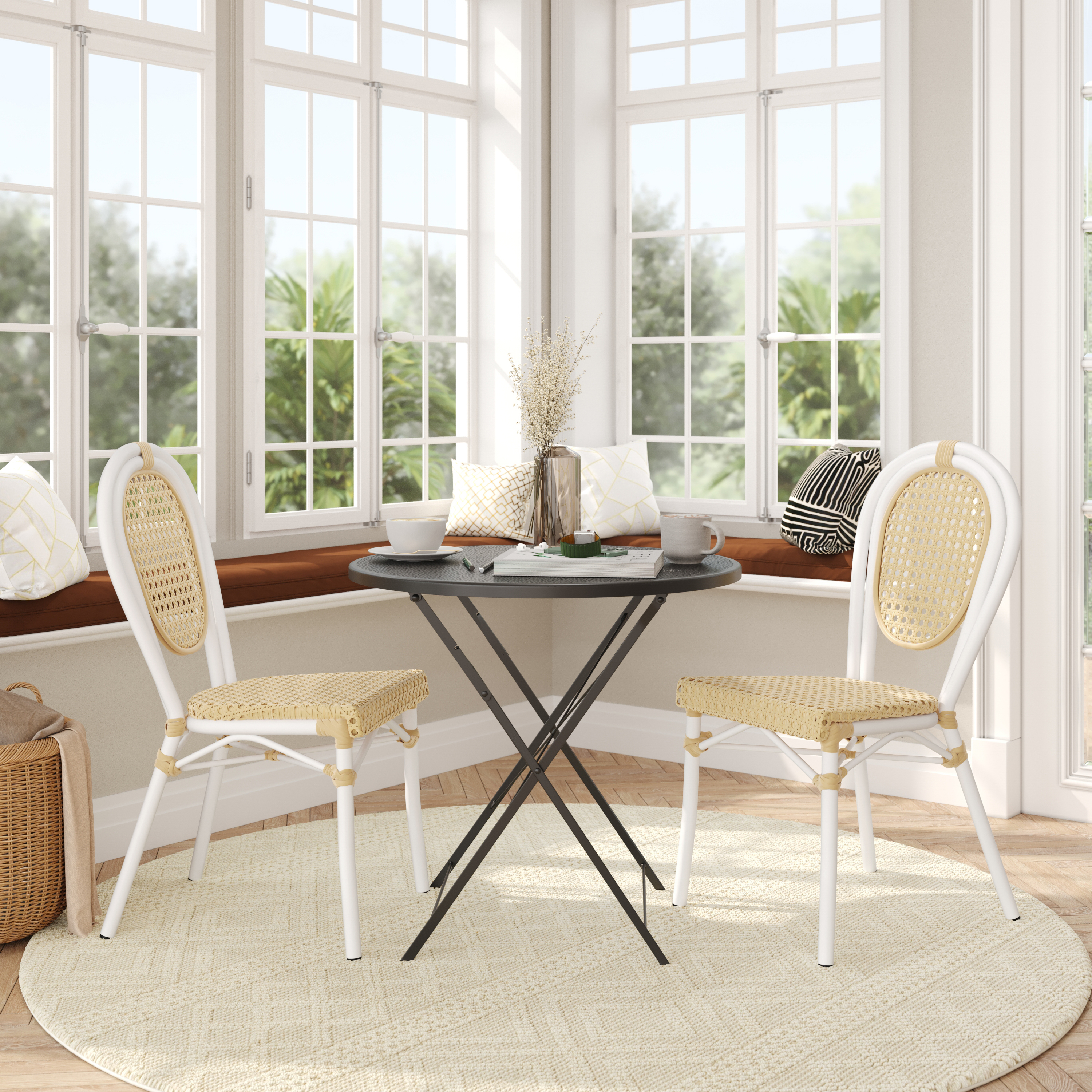 2 Pack Cannes Indoor/Outdoor Commercial Thonet French Bistro Stacking Chair, Natural PE Cane Rattan and White Aluminum Frame