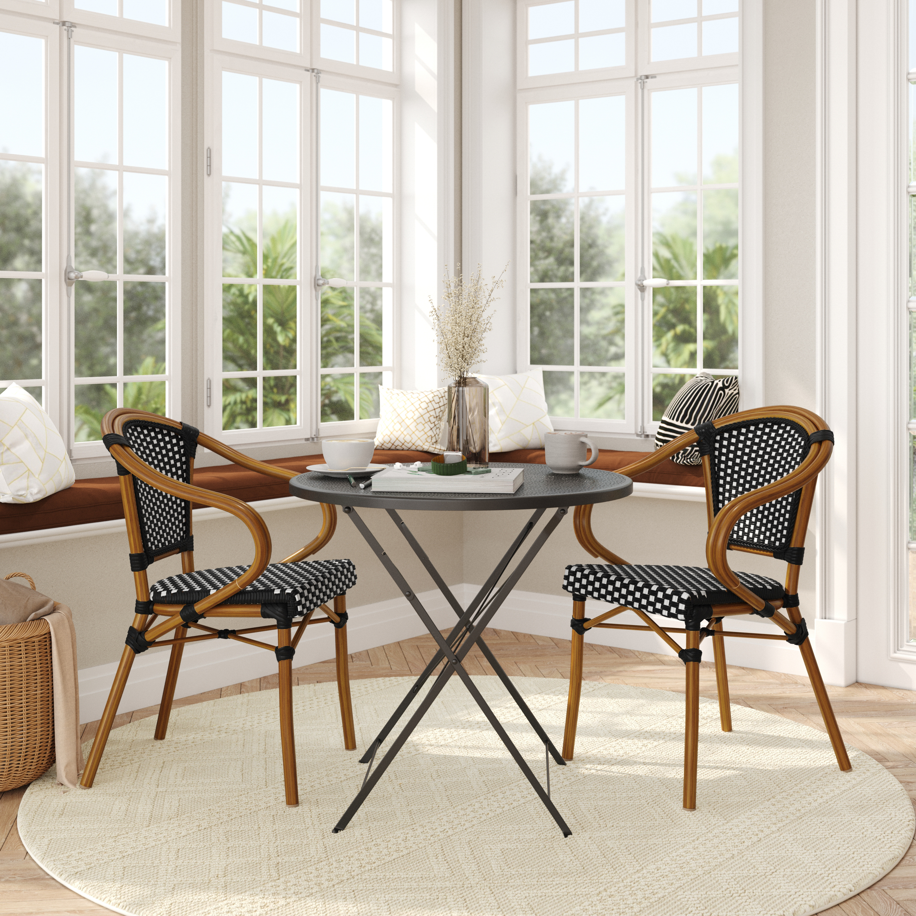 2 Pack Bordeaux Indoor/Outdoor Commercial French Bistro Stacking Chair with Arms, Black and White PE Rattan and Bamboo Print Aluminum Frame in Natural
