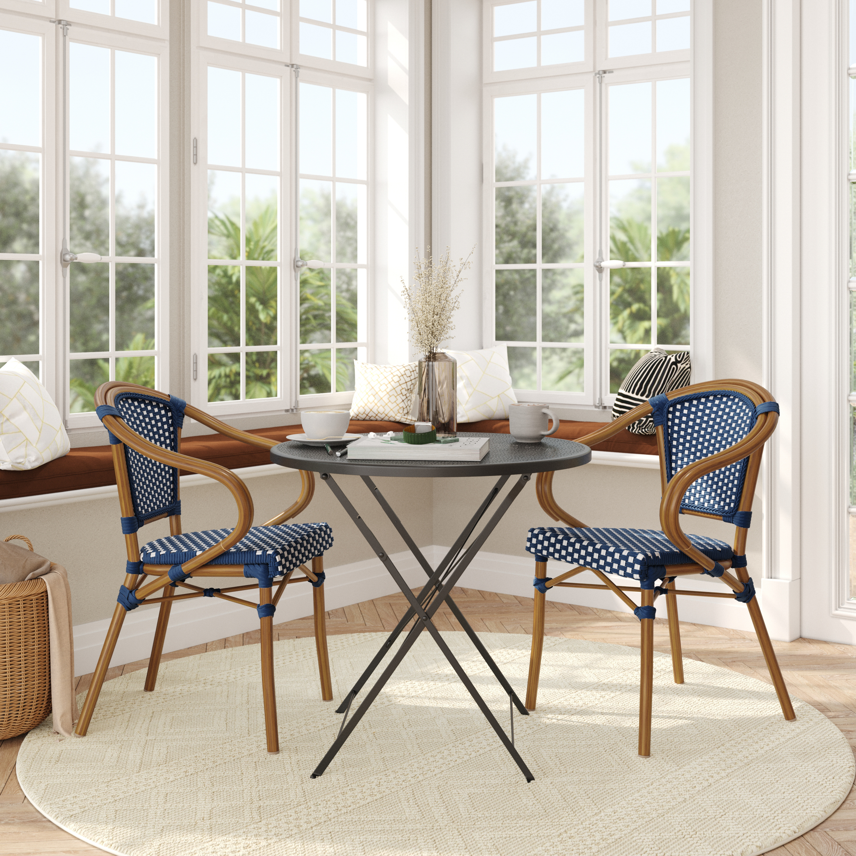 2 Pack Bordeaux Indoor/Outdoor Commercial French Bistro Stacking Chair with Arms, Navy and White PE Rattan and Bamboo Print Aluminum Frame in Natural