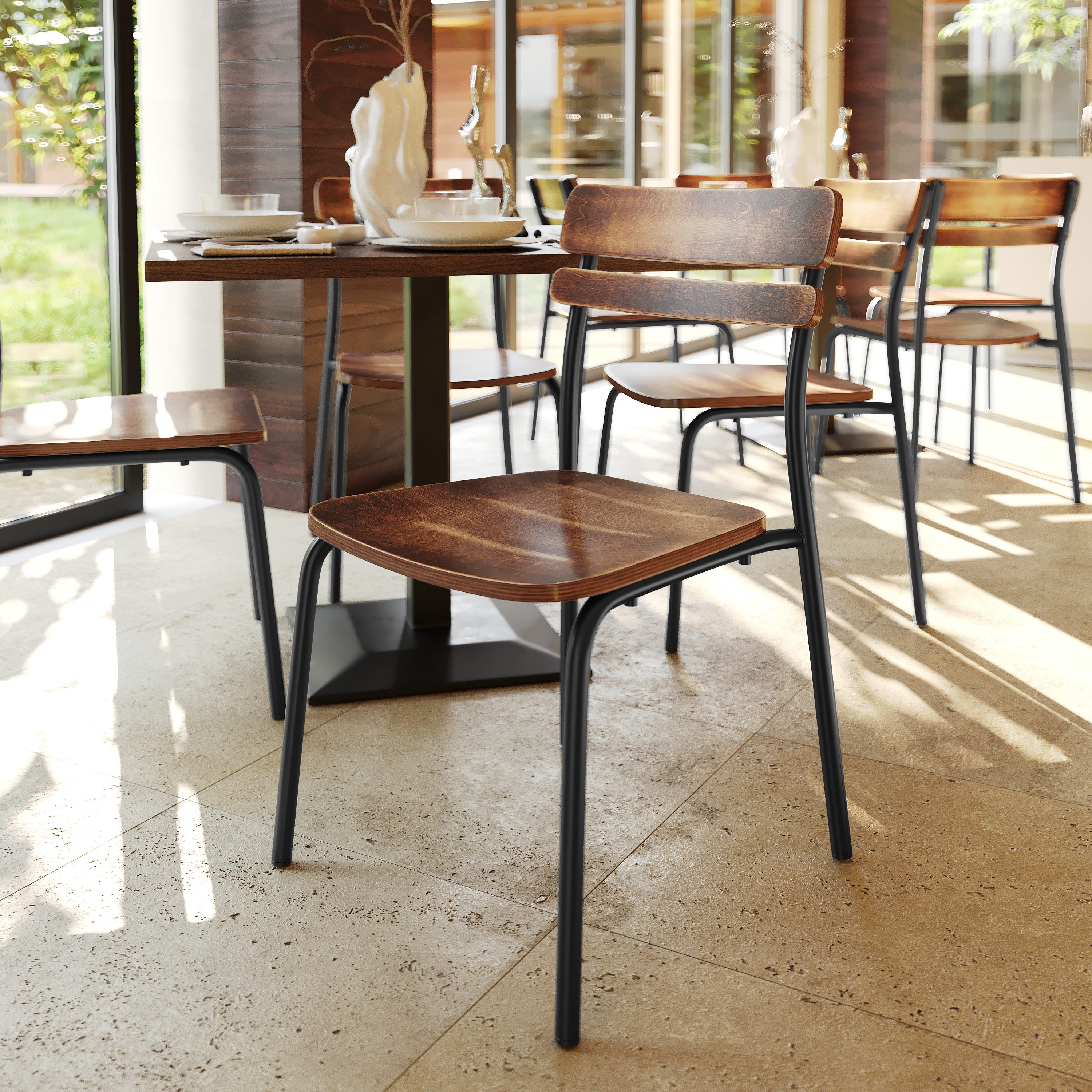 2 Pack Cyprus Commercial Grade Solid Wood Dining Chairs with Black Metal Frames and Antique Copper Finish