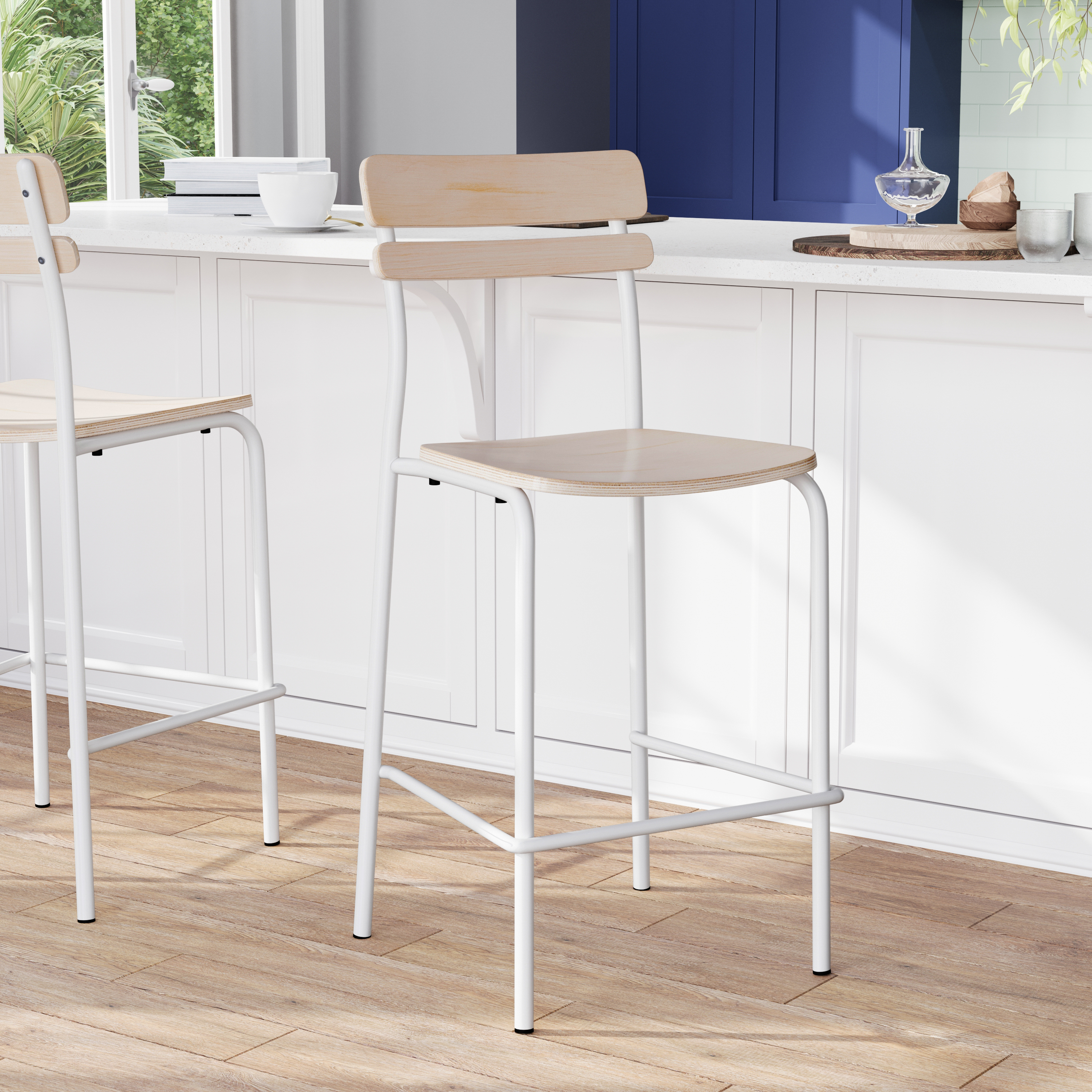 2 Pack Cyprus Commercial Grade Solid Wood Bar Stools with White Metal Frames and Antique White Finish