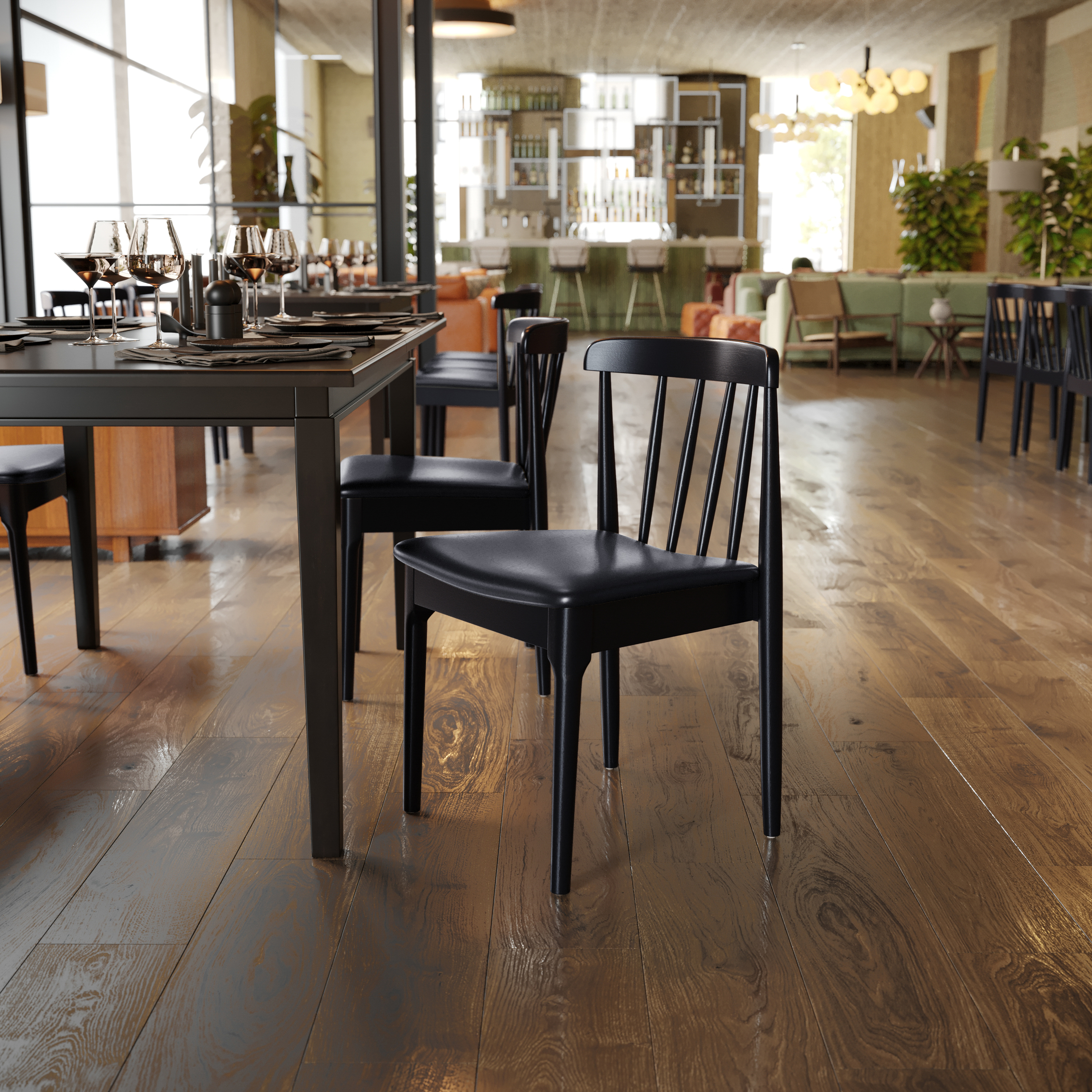 Chester Set of 2 Commercial Grade Solid Wood Black Dining Chairs with Curved Spindle Backrests and Black Vinyl Seats