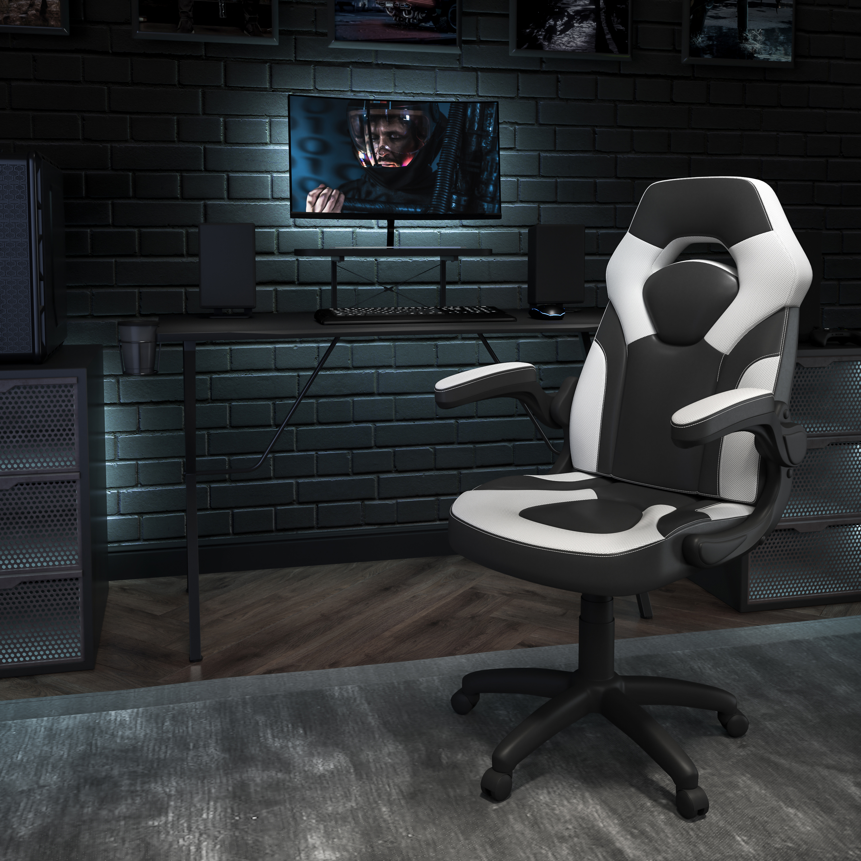 Optis Black Gaming Desk and White/Black Racing Chair Set with Cup Holder, Headphone Hook, and Monitor/Smartphone Stand