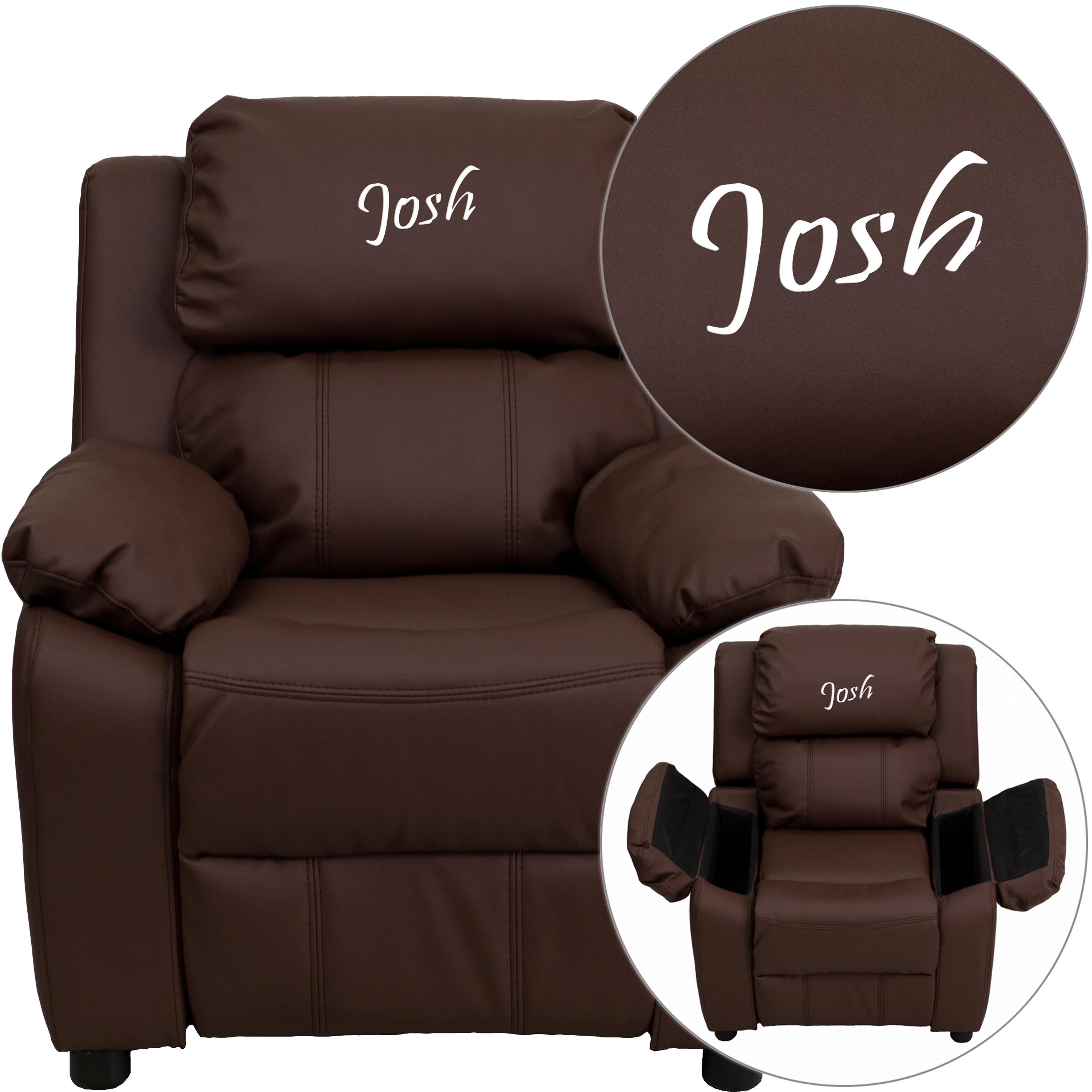 Personalized Deluxe Padded Brown LeatherSoft Kids Recliner with Storage Arms