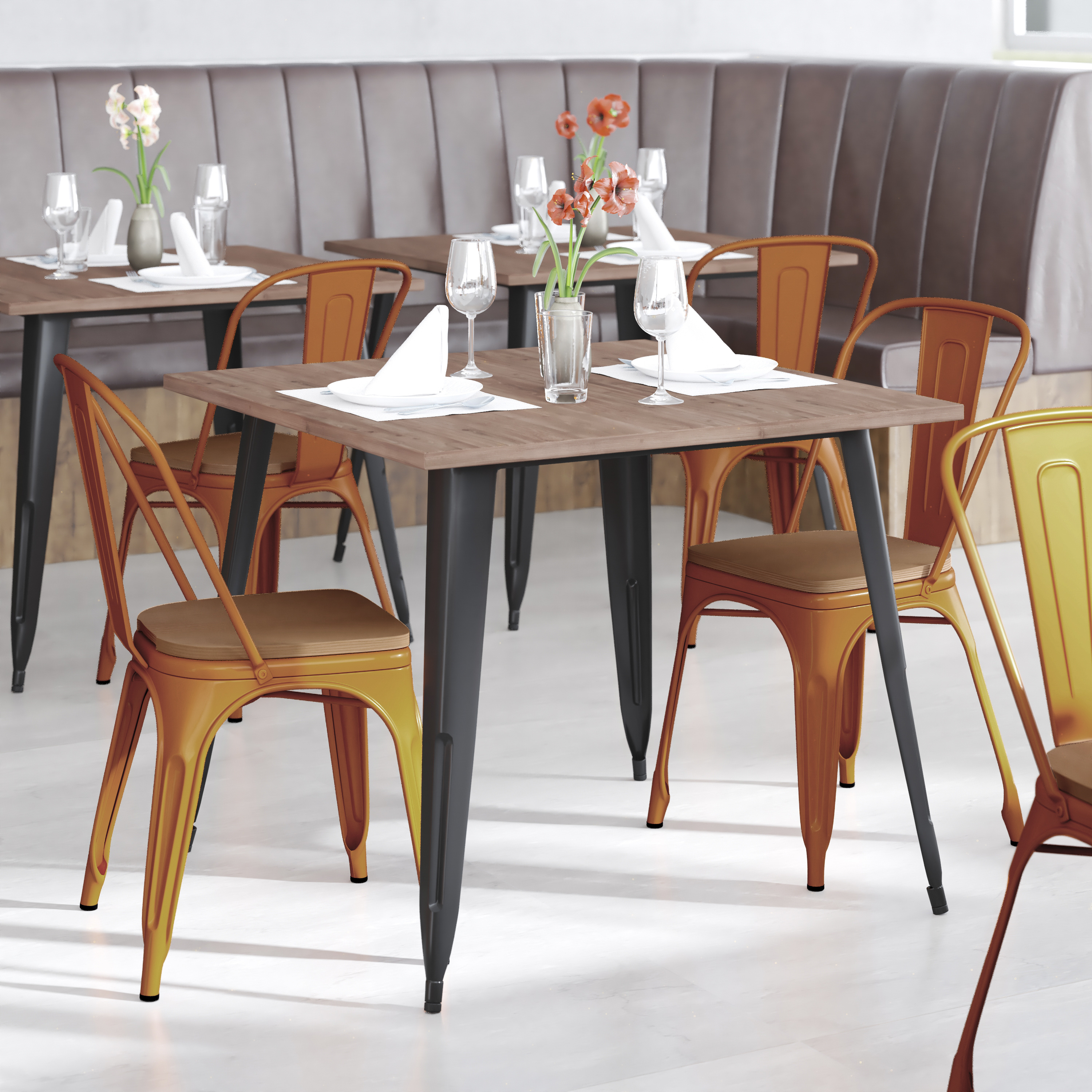 Perry Commercial Grade Orange Metal Indoor-Outdoor Stackable Chair with Teak Poly Resin Wood Seat