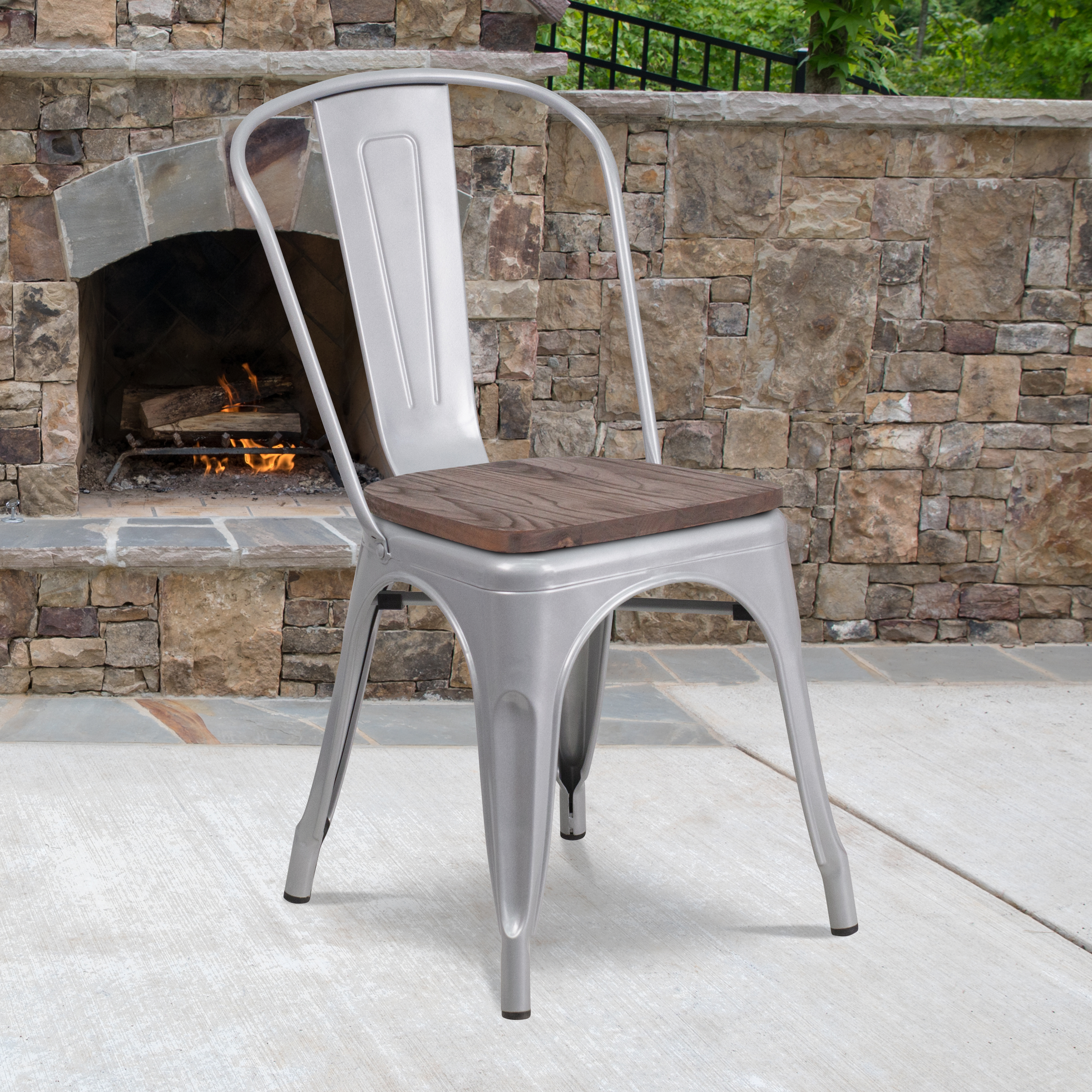 Perry Silver Metal Stackable Chair with Wood Seat