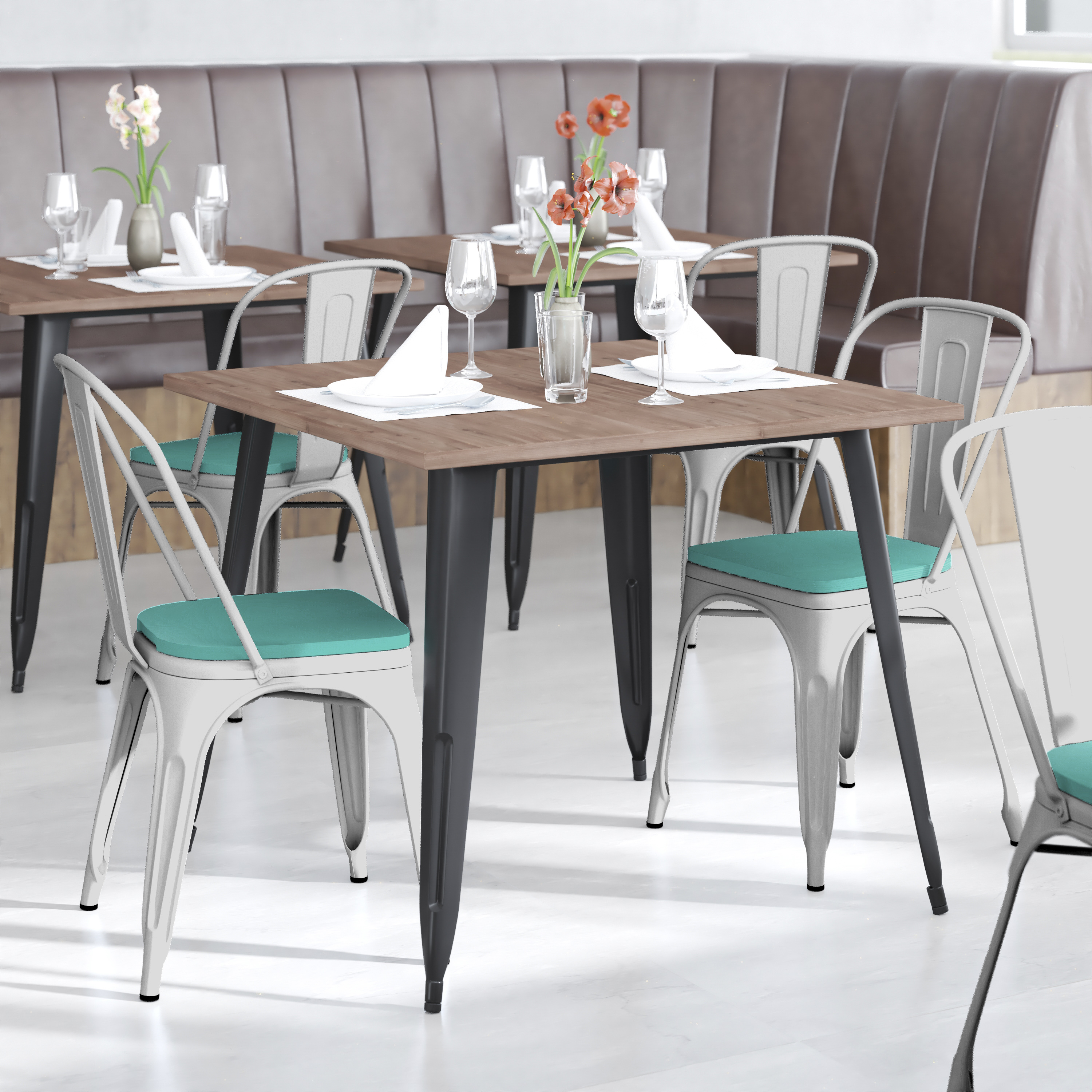 Perry Commercial Grade White Metal Indoor-Outdoor Stackable Chair with Mint Green Poly Resin Wood Seat