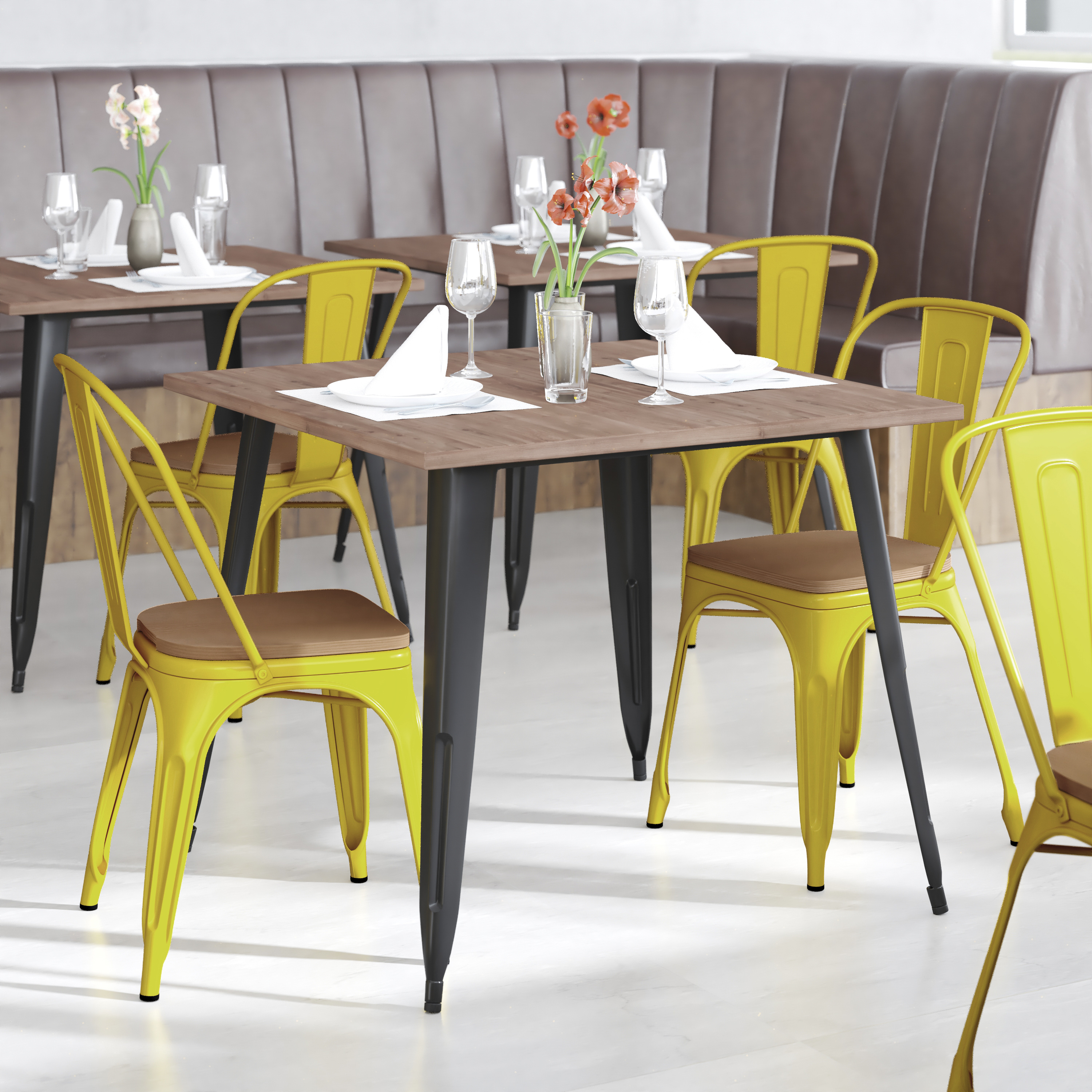 Perry Commercial Grade Yellow Metal Indoor-Outdoor Stackable Chair with Teak Poly Resin Wood Seat