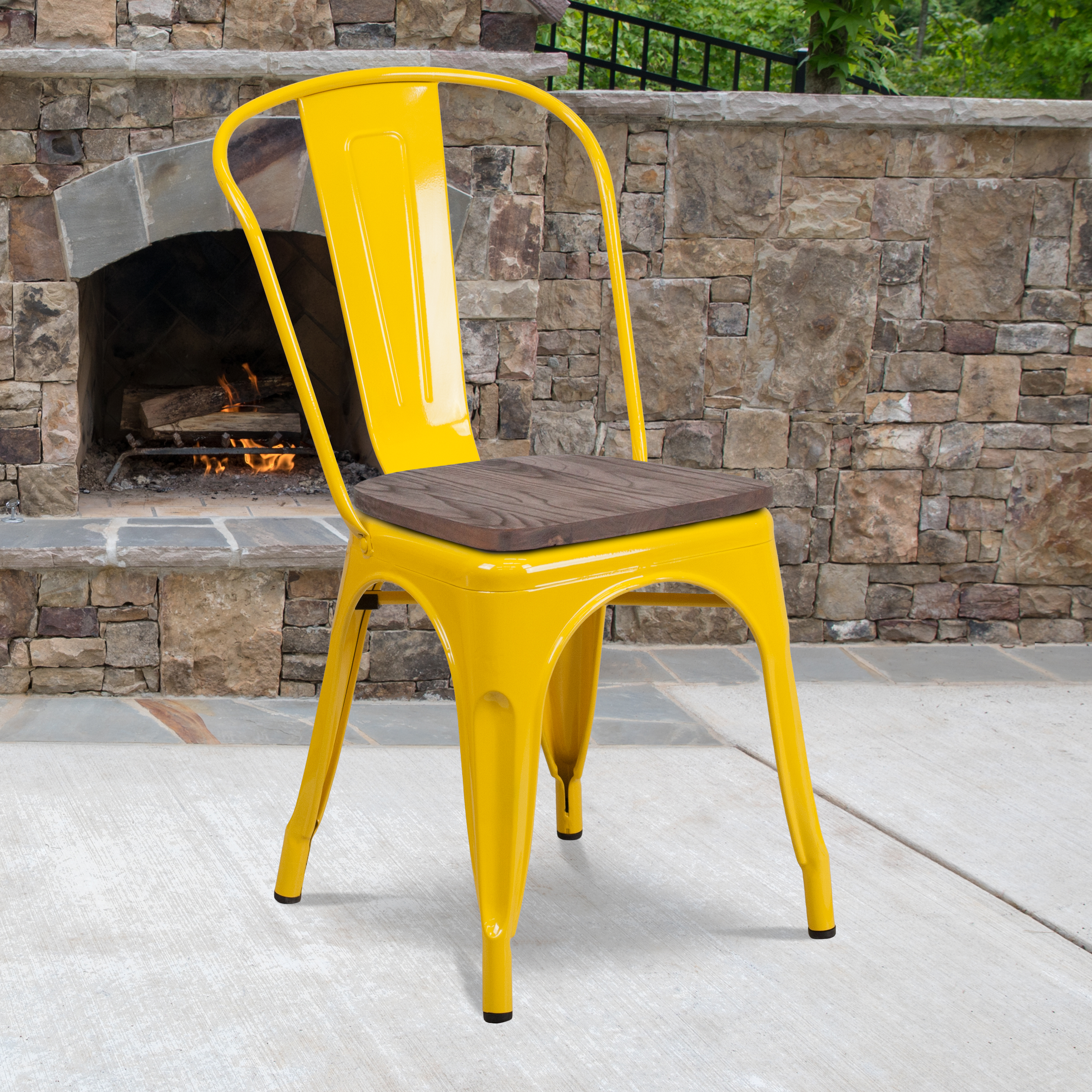 Perry Yellow Metal Stackable Chair with Wood Seat