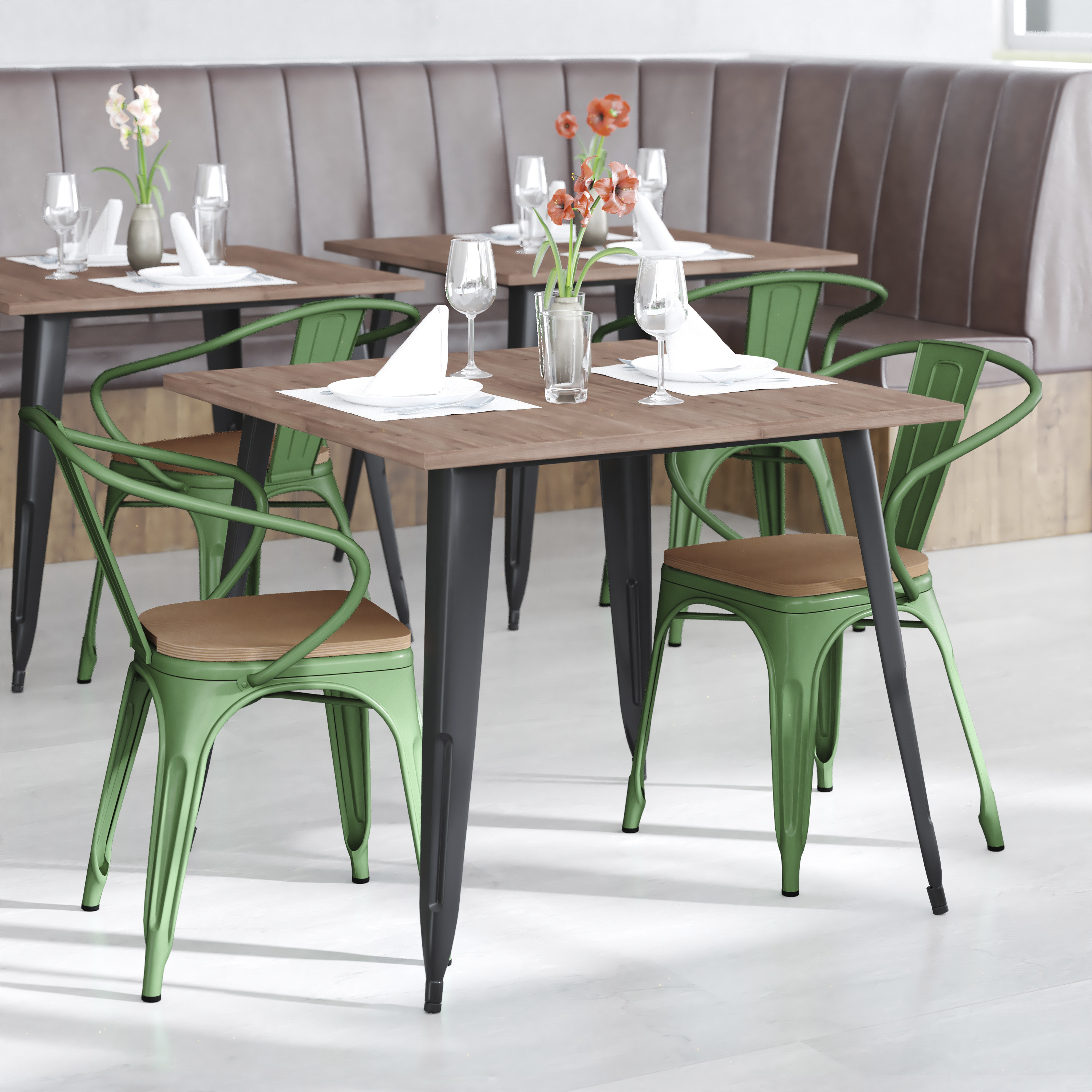 Luna Commercial Grade Green Metal Indoor-Outdoor Chair with Arms with Teak Poly Resin Wood Seat