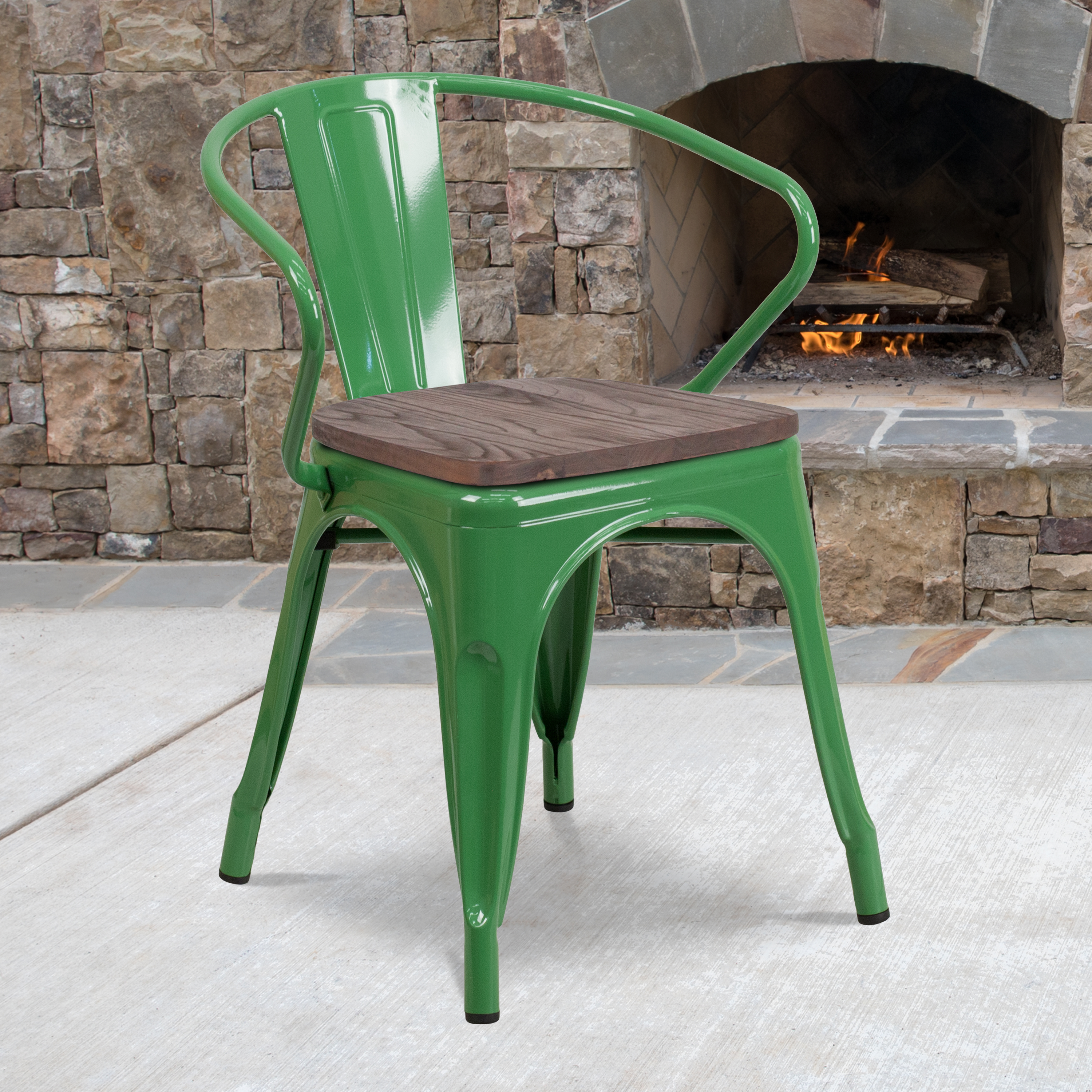 Luna Green Metal Chair with Wood Seat and Arms