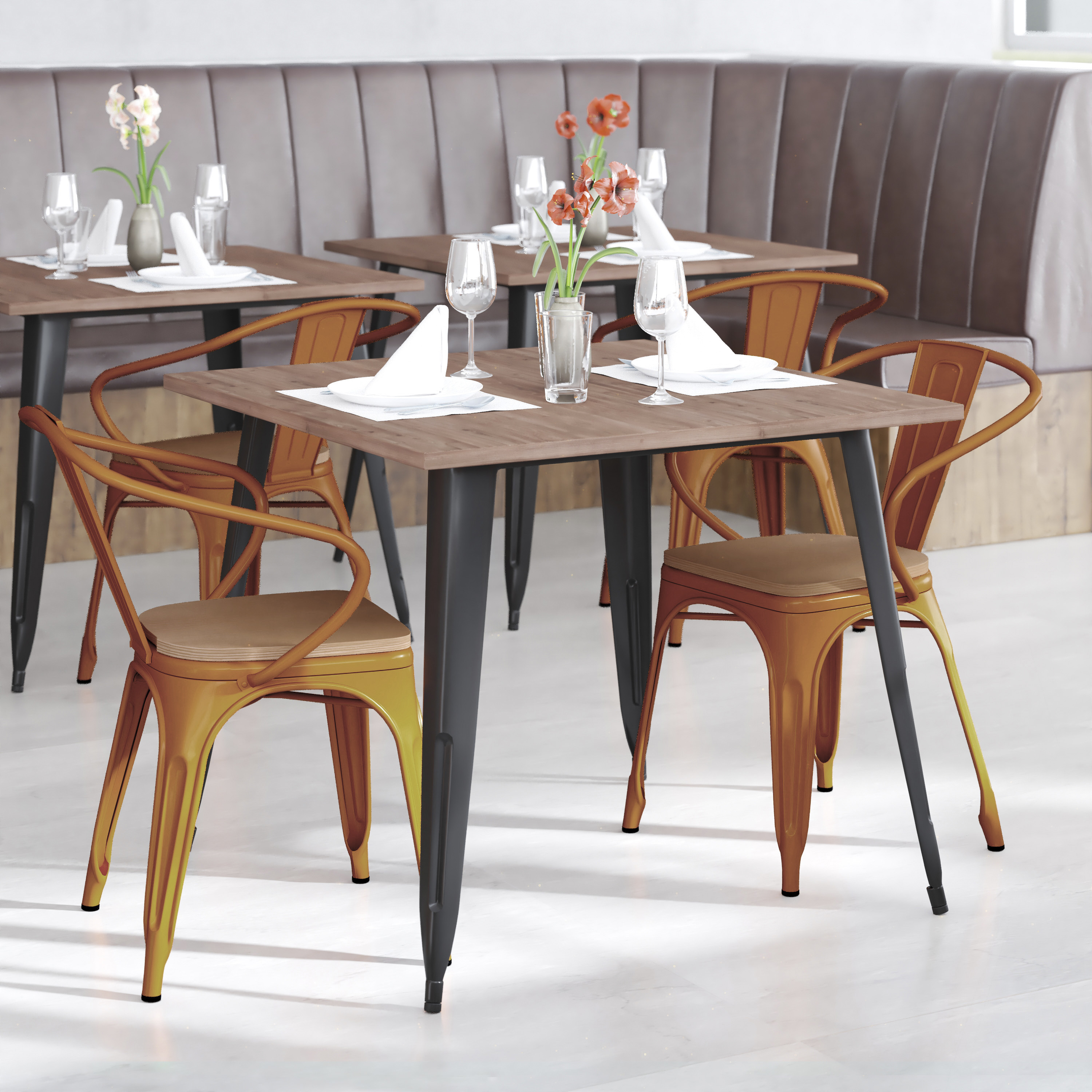 Luna Commercial Grade Orange Metal Indoor-Outdoor Chair with Arms with Teak Poly Resin Wood Seat