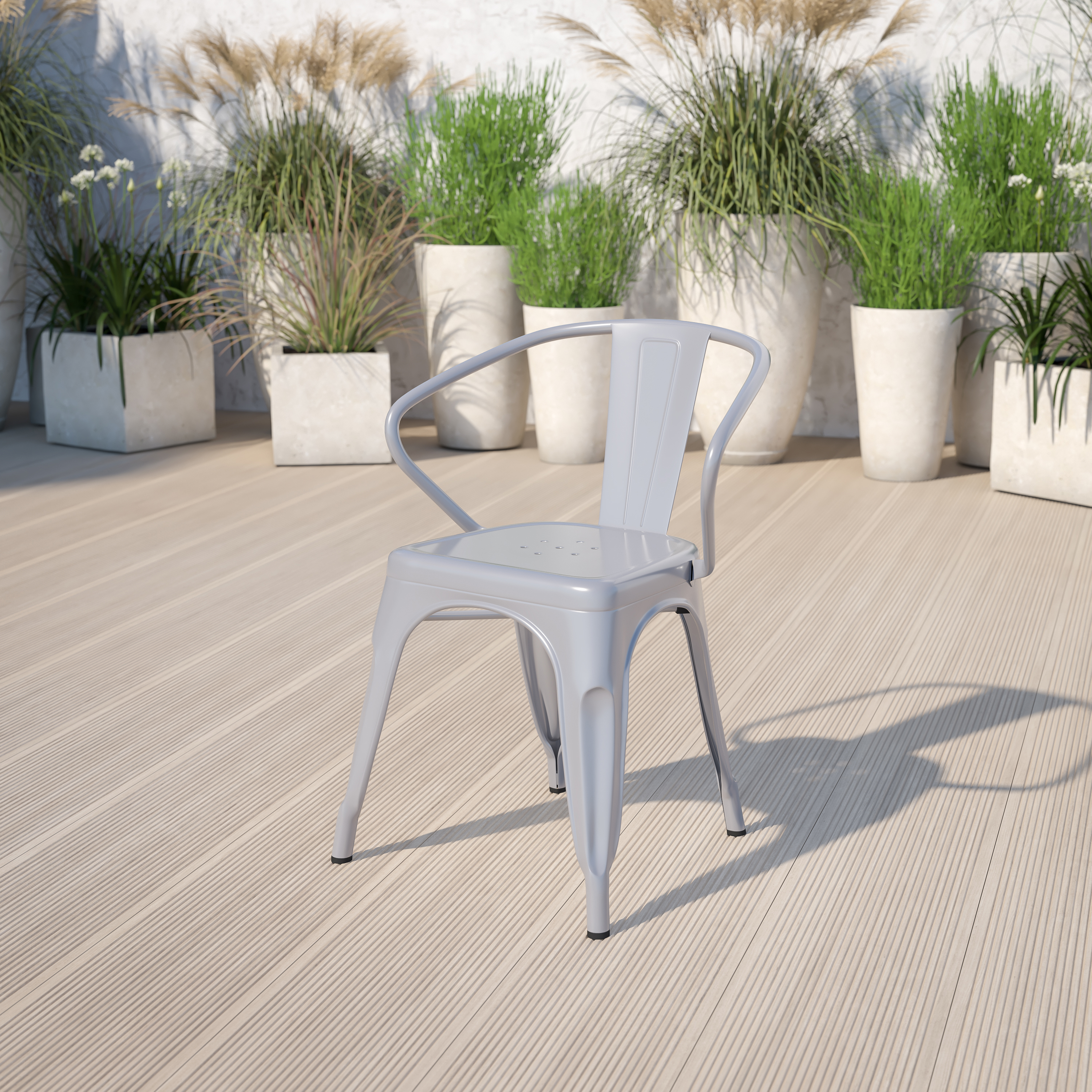 Luna Commercial Grade Silver Metal Indoor-Outdoor Chair with Arms