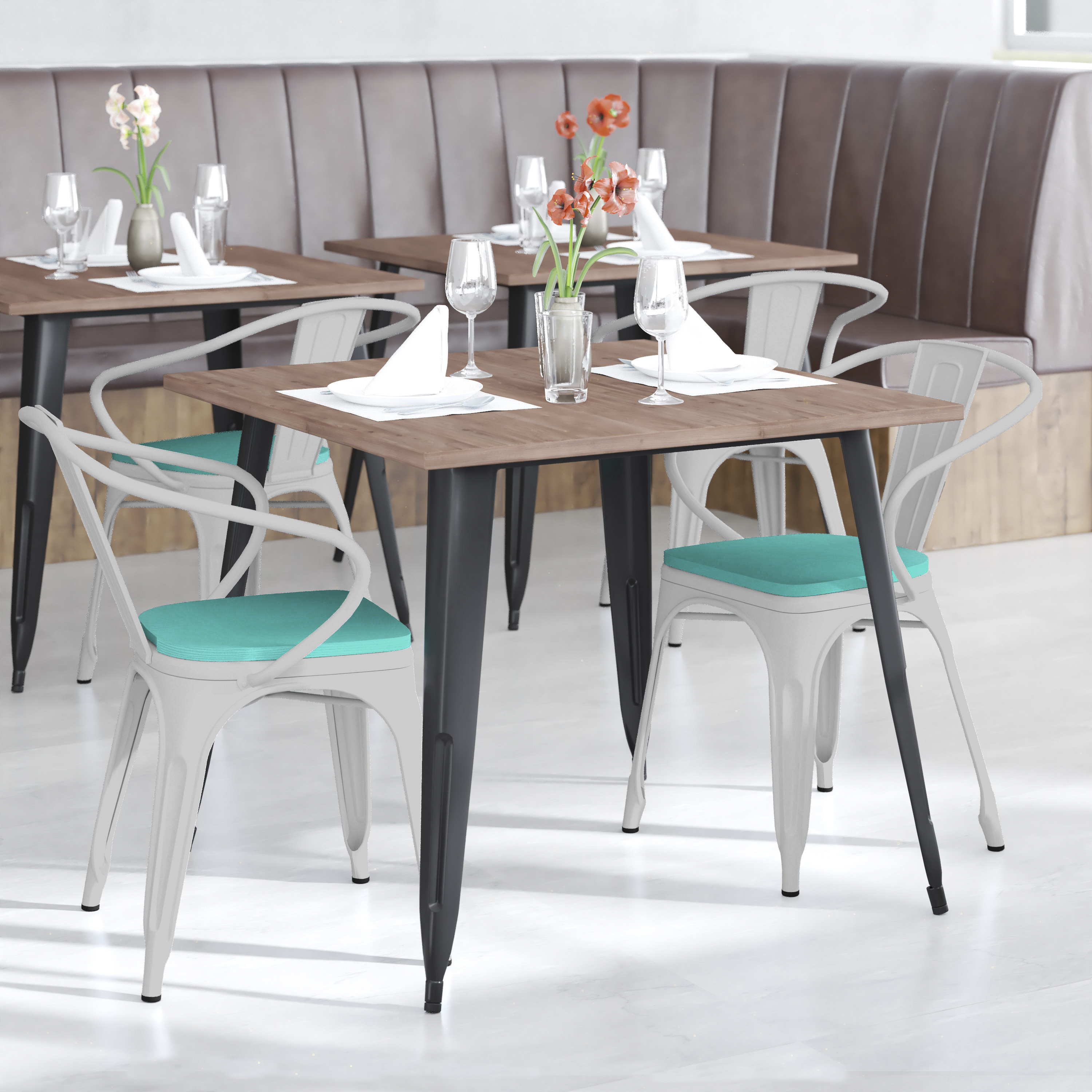 Luna Commercial Grade White Metal Indoor-Outdoor Chair with Arms with Mint Green Poly Resin Wood Seat