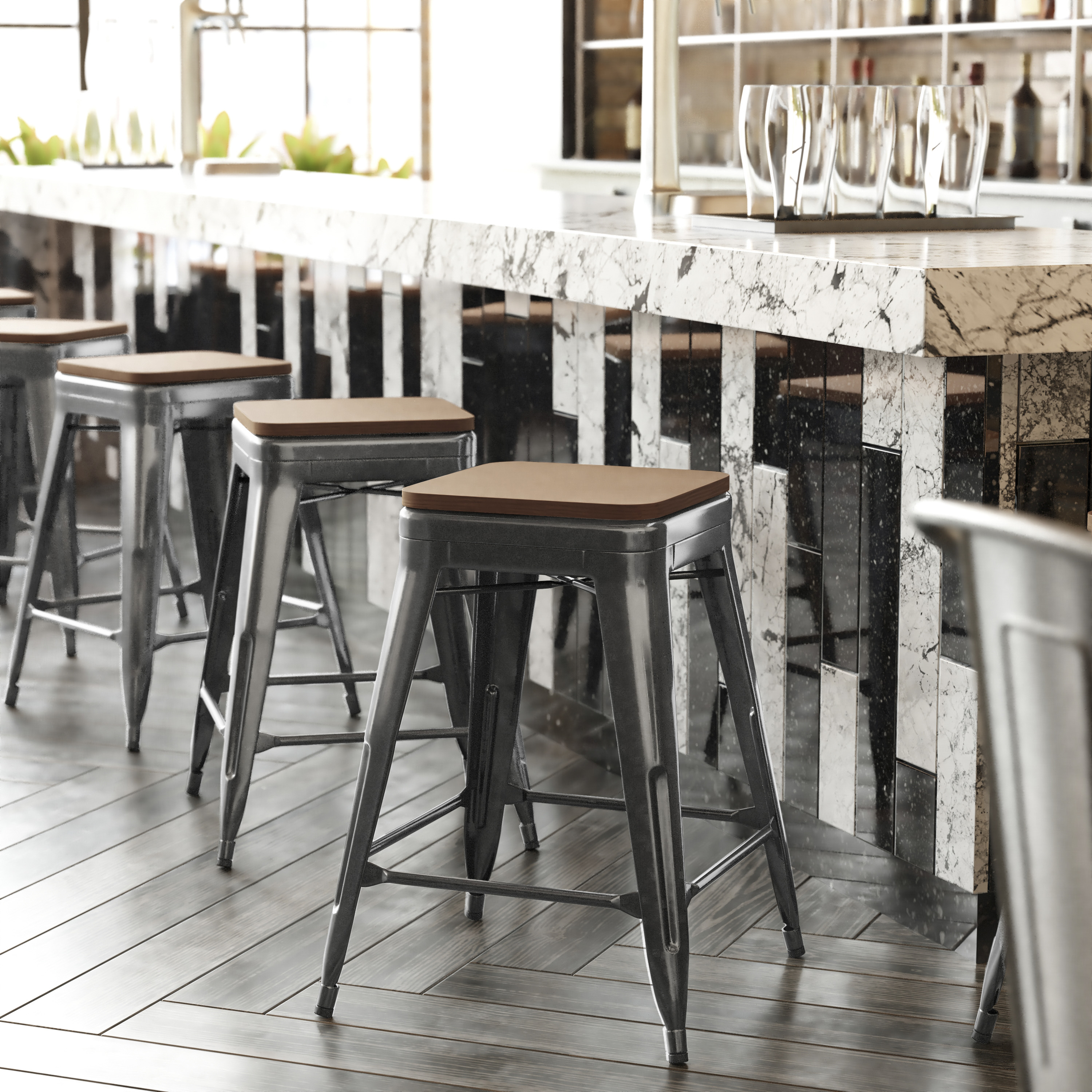 Kai Commercial Grade 24" High Backless Black Metal Indoor-Outdoor Counter Height Stool with Teak Poly Resin Wood Seat