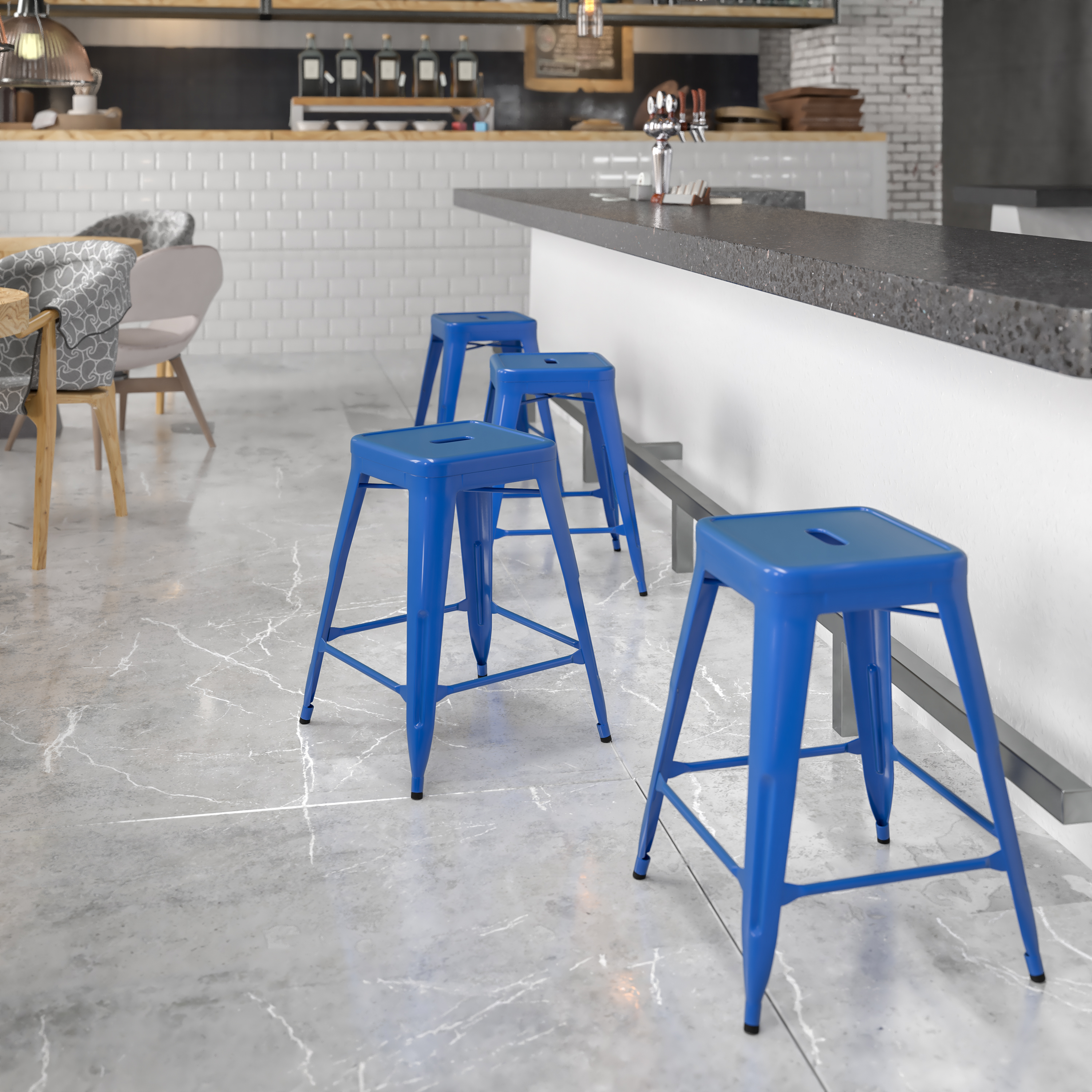 Kai Commercial Grade 24" High Backless Blue Metal Indoor-Outdoor Counter Height Stool with Square Seat