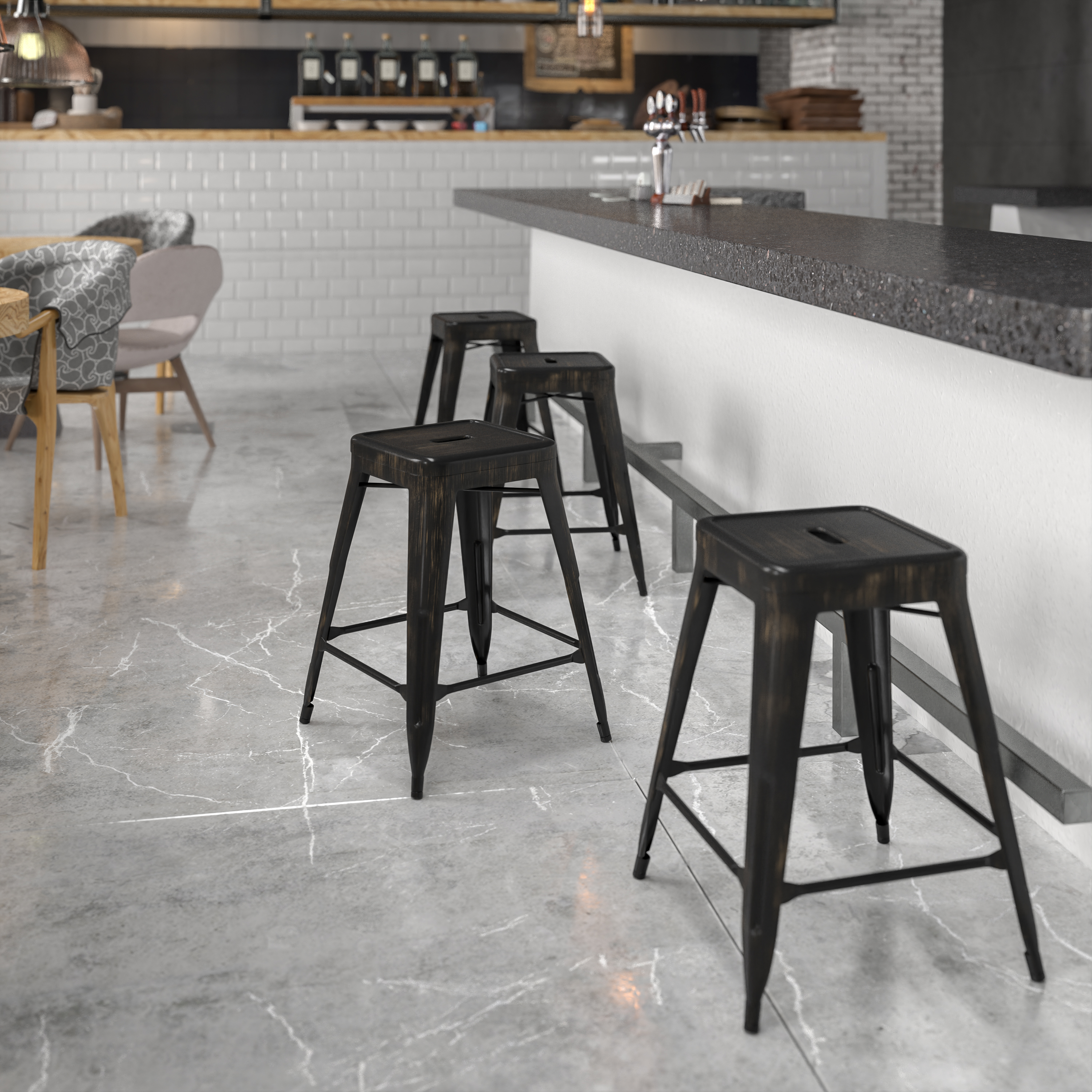 Kai Commercial Grade 24" High Backless Black-Antique Gold Metal Indoor-Outdoor Counter Height Stool with Square Seat