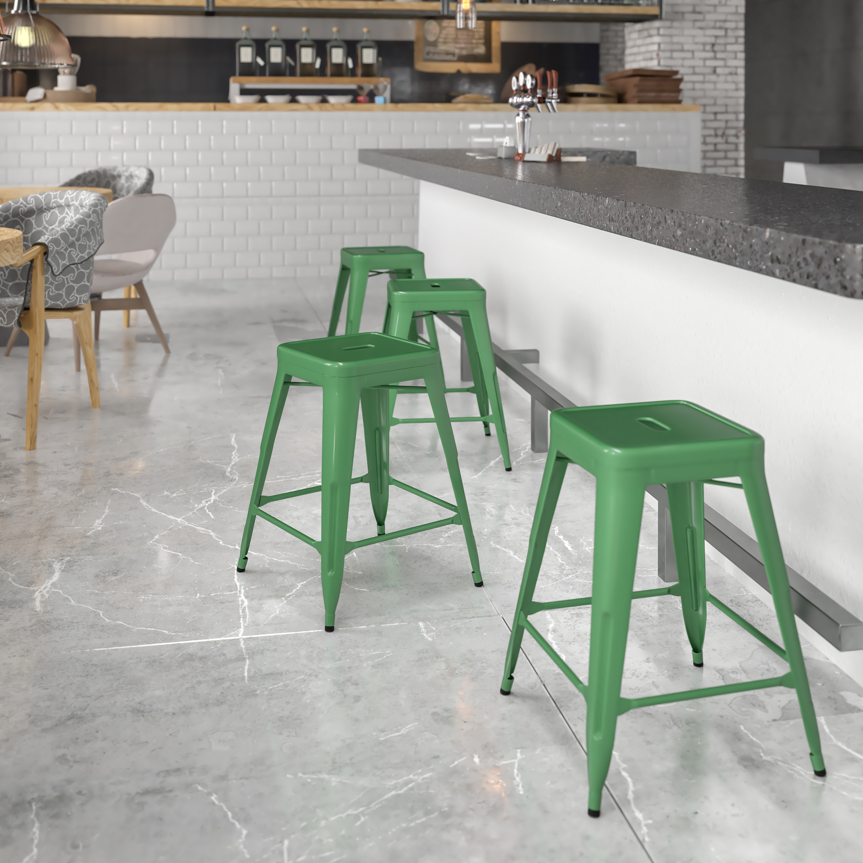 Kai Commercial Grade 24" High Backless Green Metal Indoor-Outdoor Counter Height Stool with Square Seat