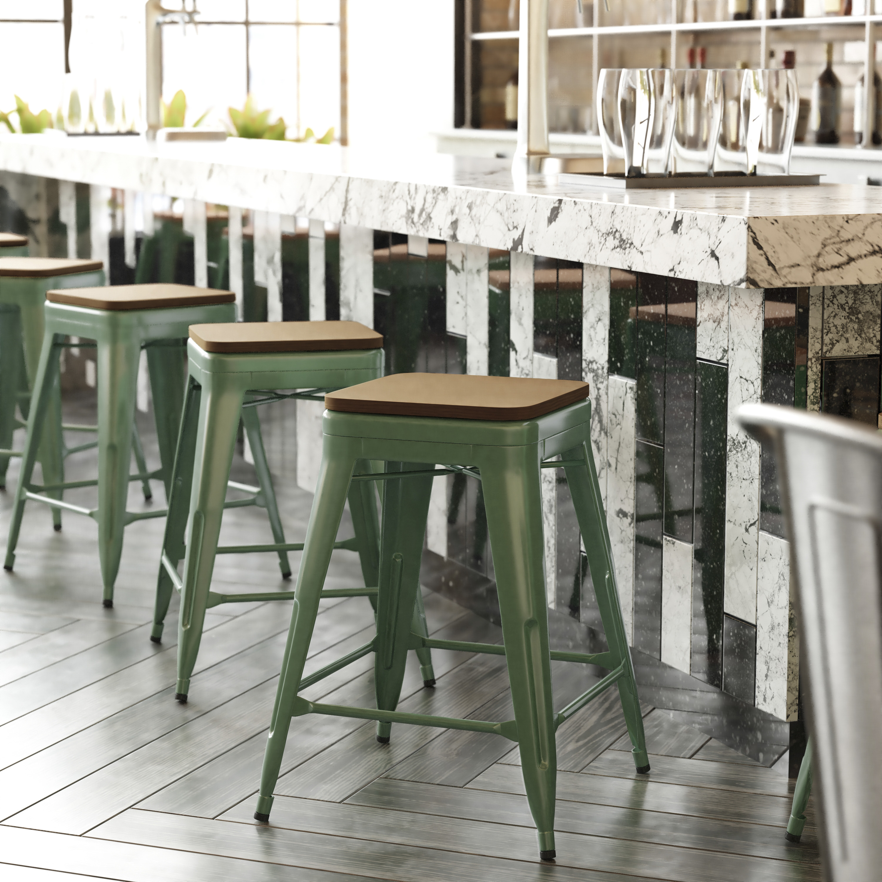 Kai Commercial Grade 24" High Backless Green Metal Indoor-Outdoor Counter Height Stool with Teak Poly Resin Wood Seat