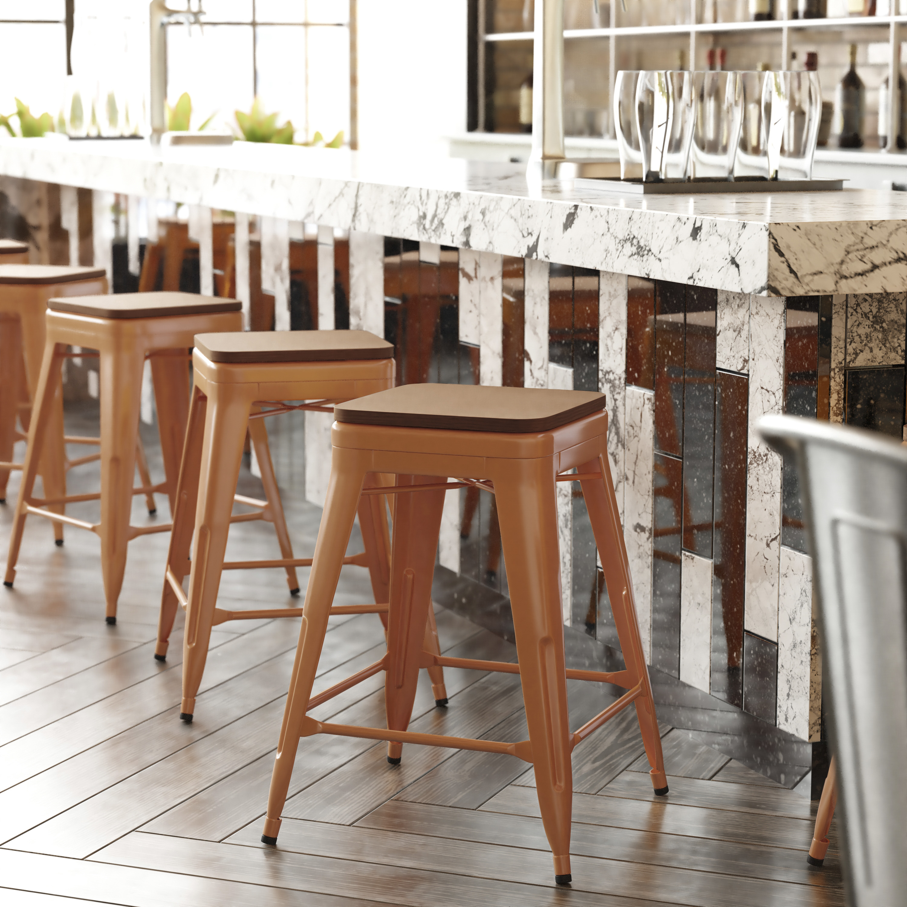 Kai Commercial Grade 24" High Backless Orange Metal Indoor-Outdoor Counter Height Stool with Teak Poly Resin Wood Seat
