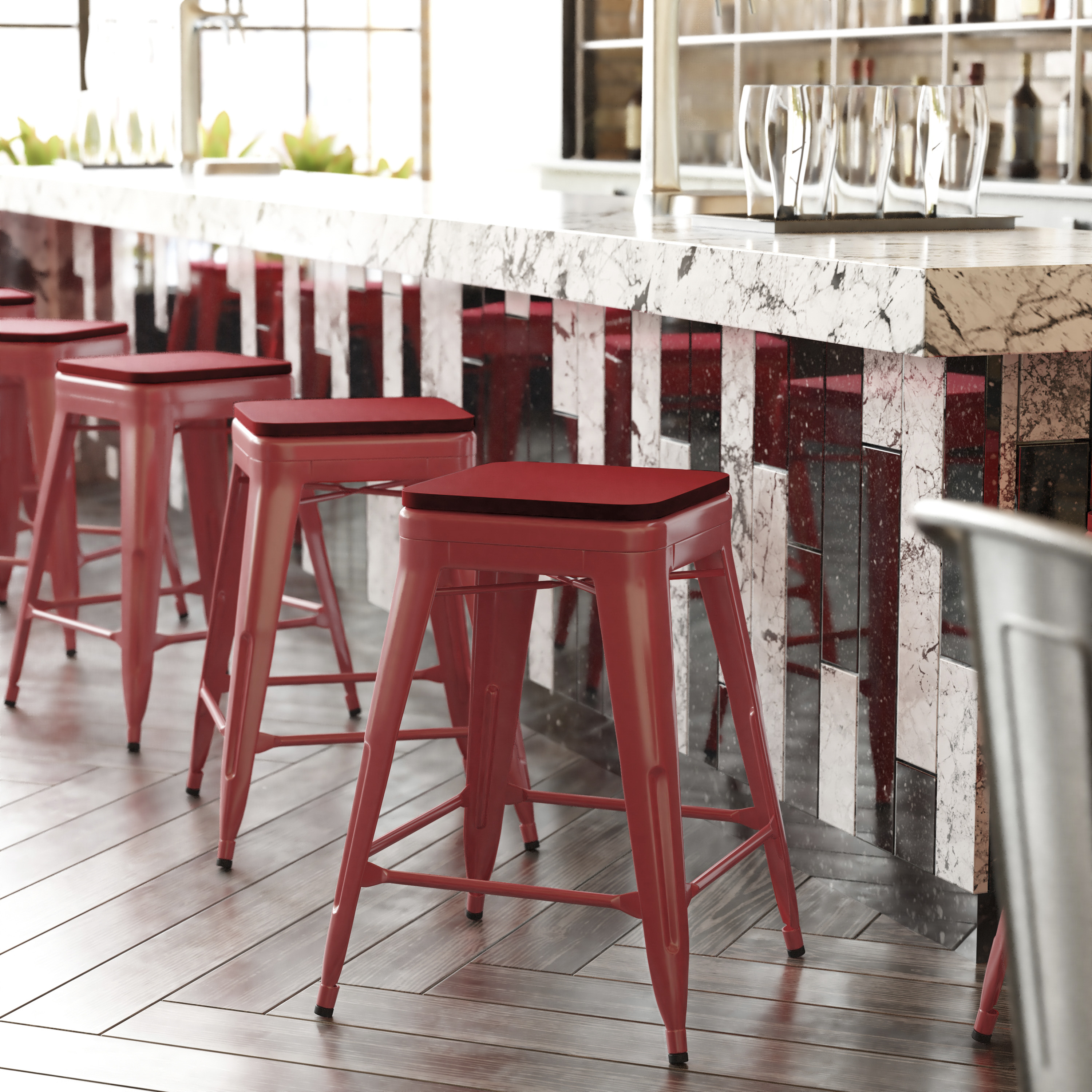 Kai Commercial Grade 24" High Backless Red Metal Indoor-Outdoor Counter Height Stool with Red Poly Resin Wood Seat