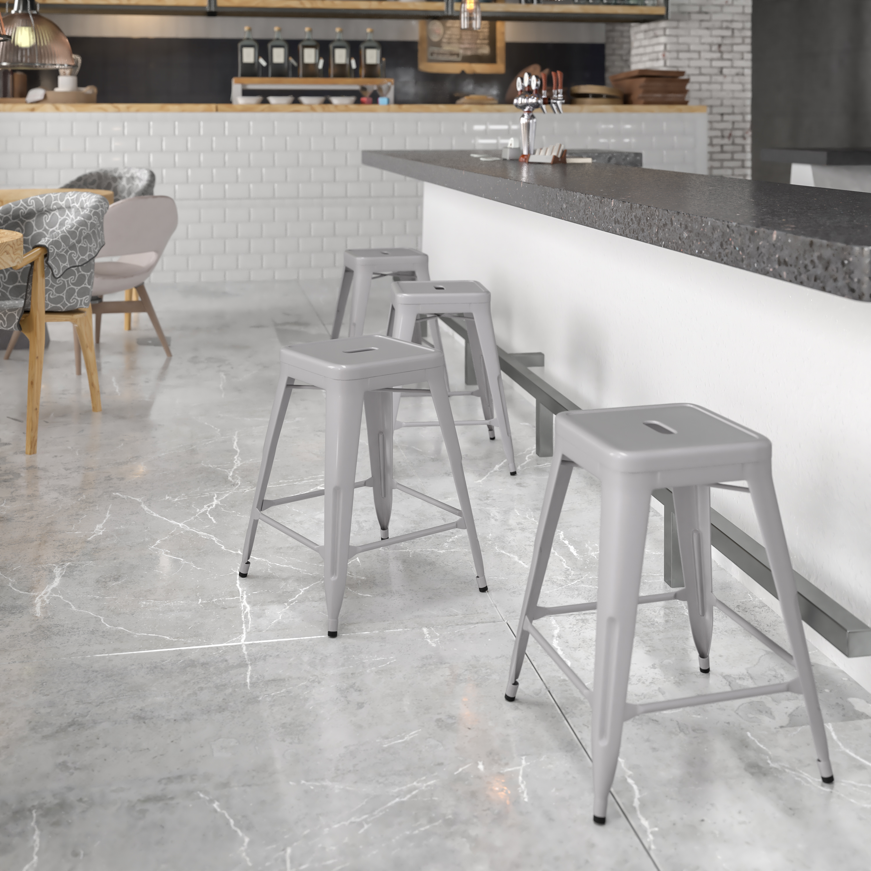 Kai Commercial Grade 24" High Backless Silver Metal Indoor-Outdoor Counter Height Stool with Square Seat
