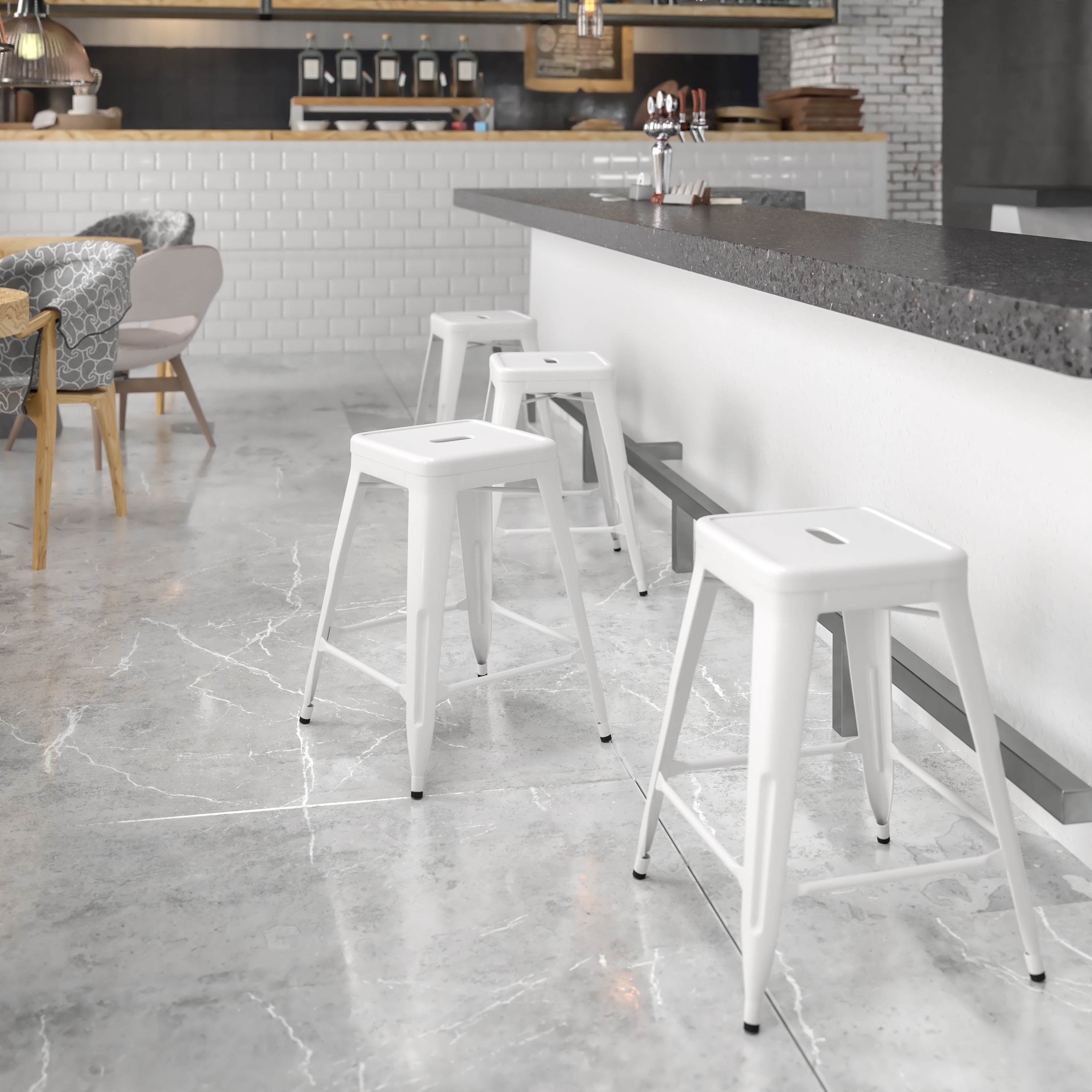 Kai Commercial Grade 24" High Backless White Metal Indoor-Outdoor Counter Height Stool with Square Seat