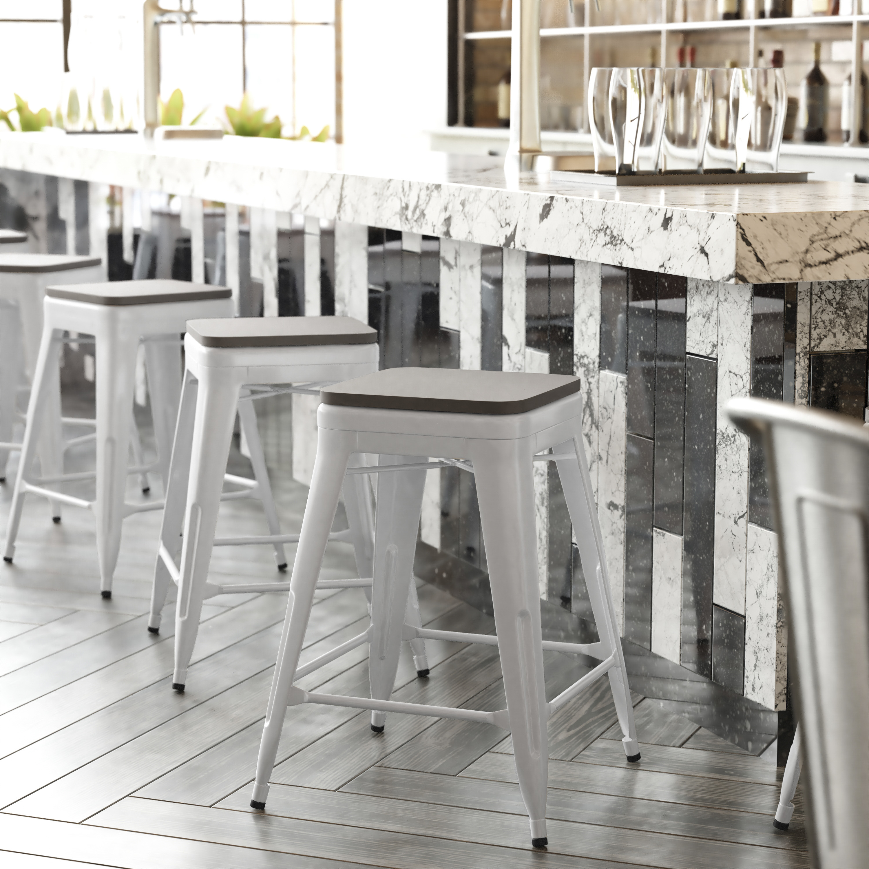 Kai Commercial Grade 24" High Backless White Metal Indoor-Outdoor Counter Height Stool with Gray Poly Resin Wood Seat