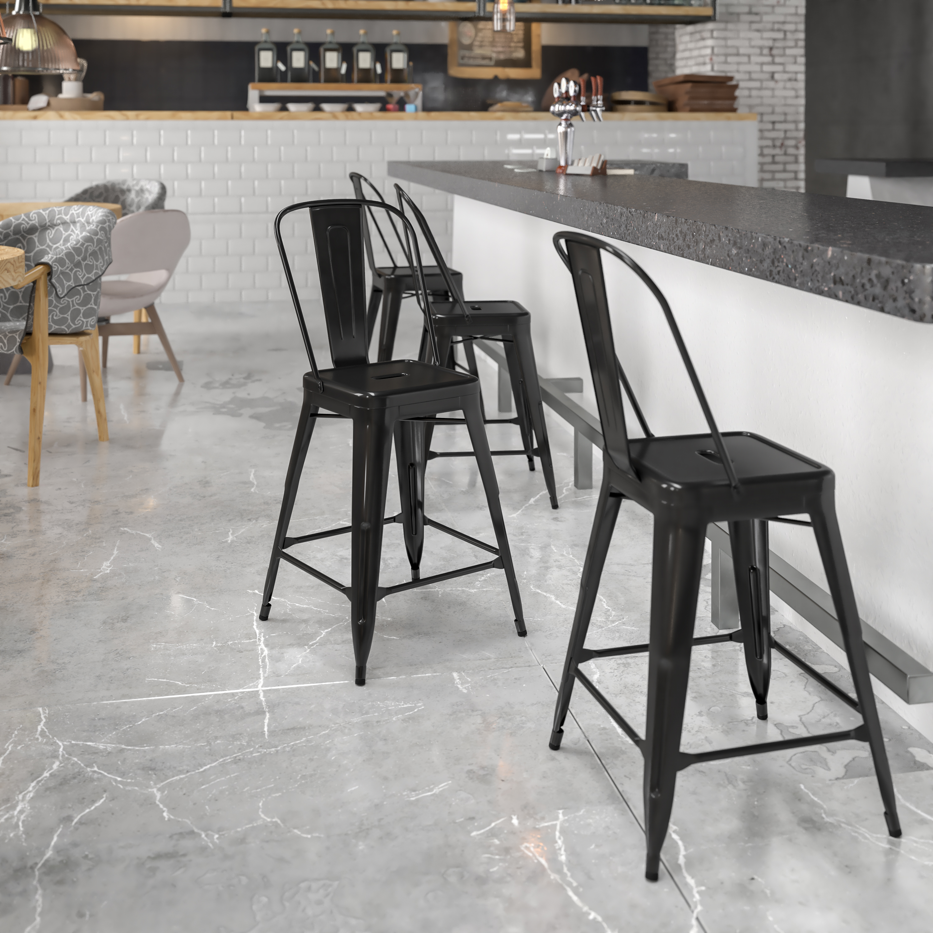 Kai Commercial Grade 24" High Black Metal Indoor-Outdoor Counter Height Stool with Removable Back