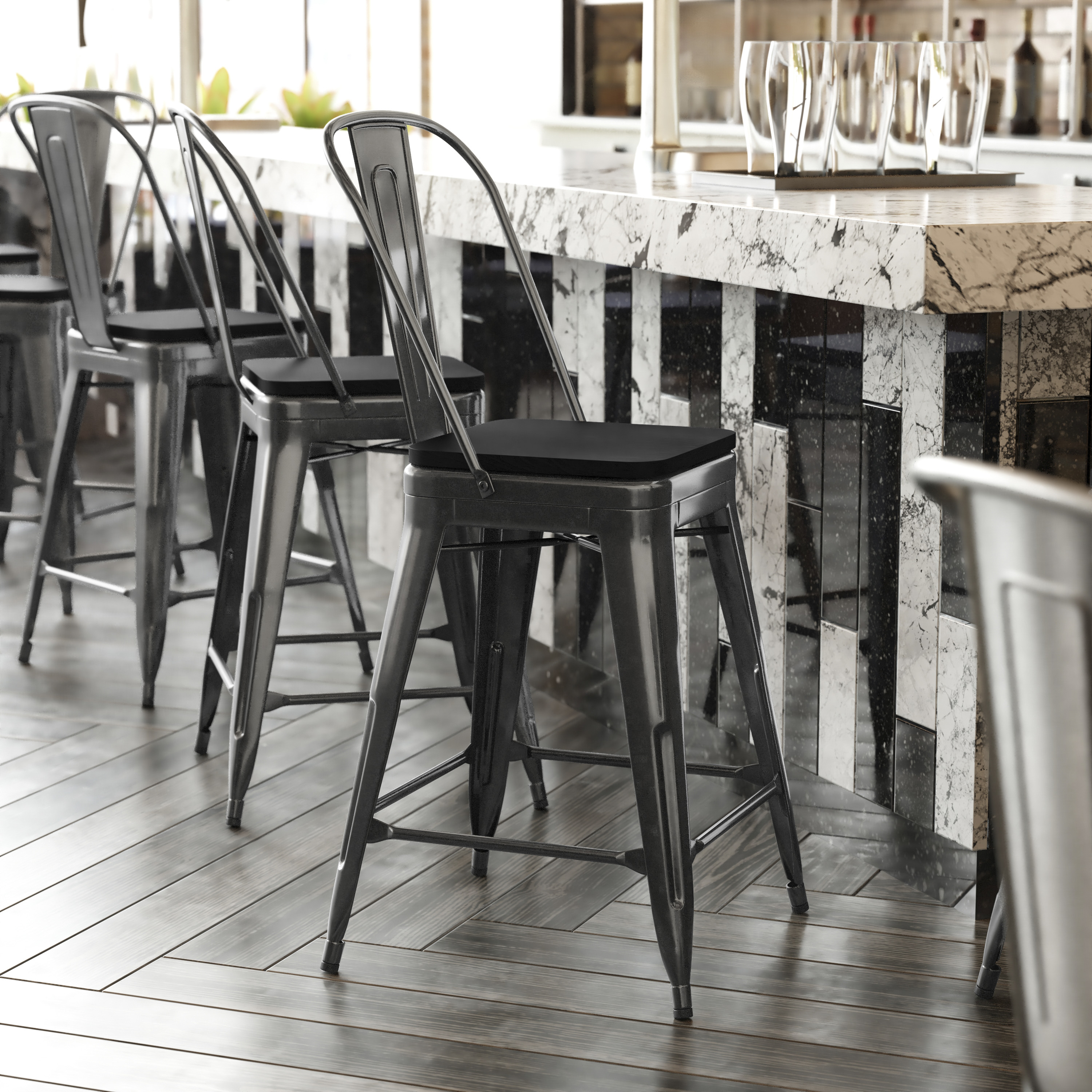 Kai Commercial Grade 24" High Black Metal Indoor-Outdoor Counter Height Stool with Removable Back and Black All-Weather Poly Resin Seat