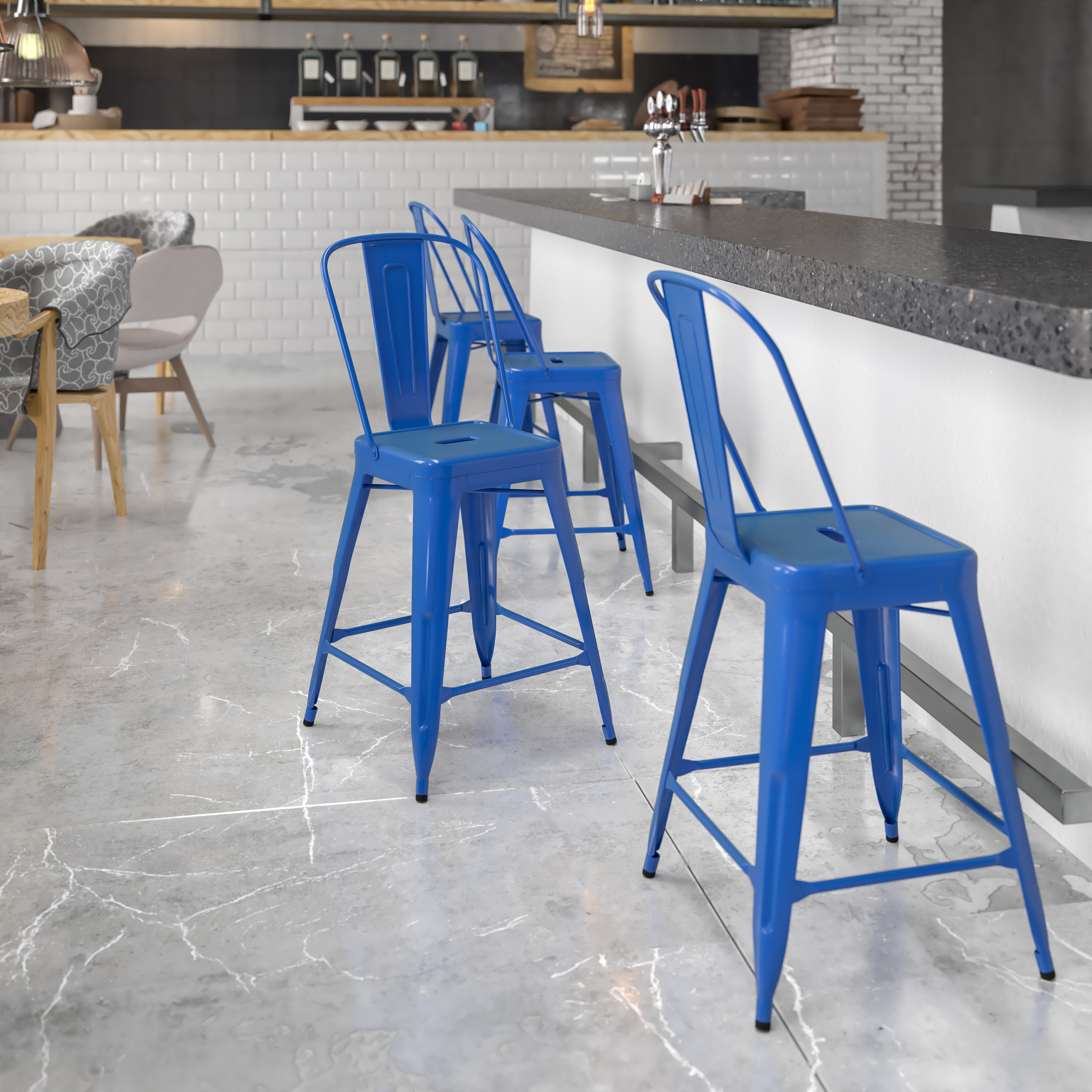 Kai Commercial Grade 24" High Blue Metal Indoor-Outdoor Counter Height Stool with Removable Back