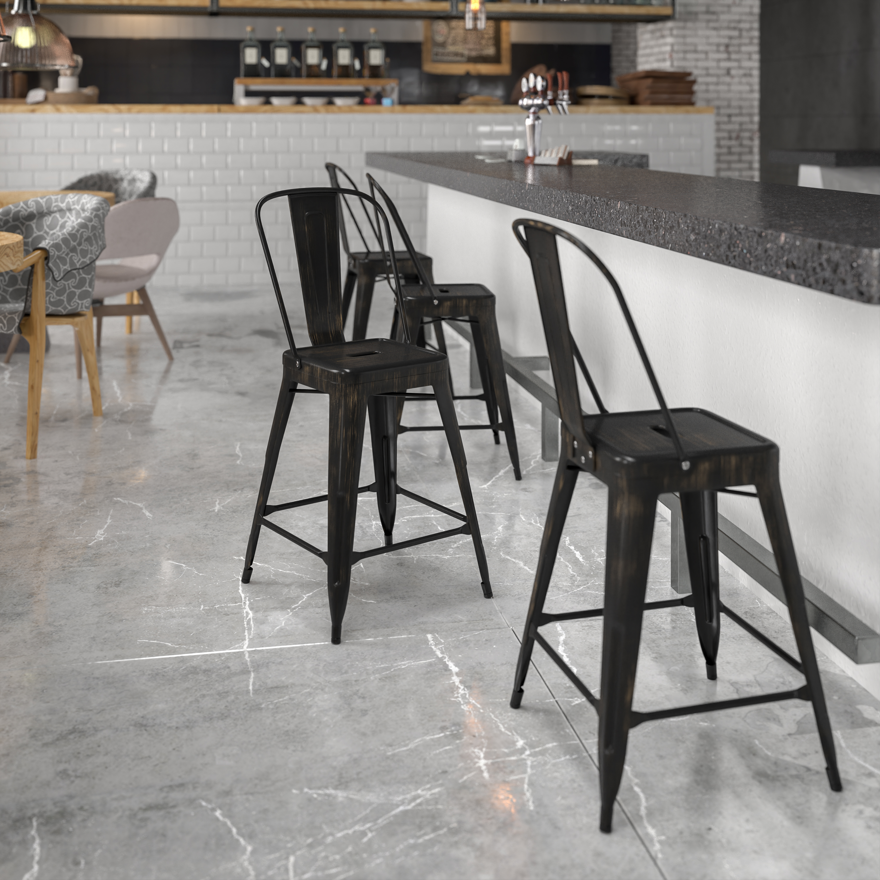 Kai Commercial Grade 24" High Black-Antique Gold Metal Indoor-Outdoor Counter Height Stool with Removable Back