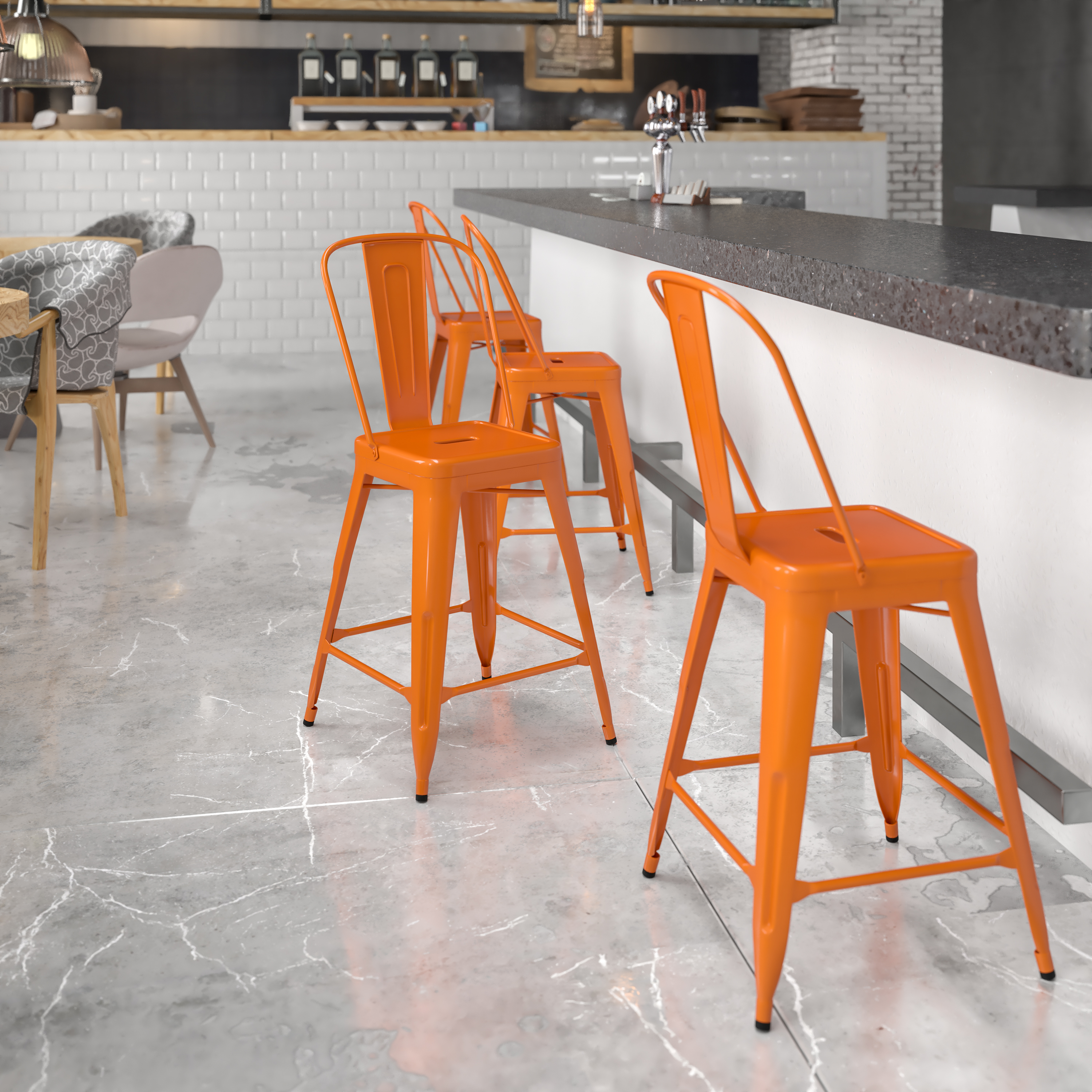 Kai Commercial Grade 24" High Orange Metal Indoor-Outdoor Counter Height Stool with Removable Back