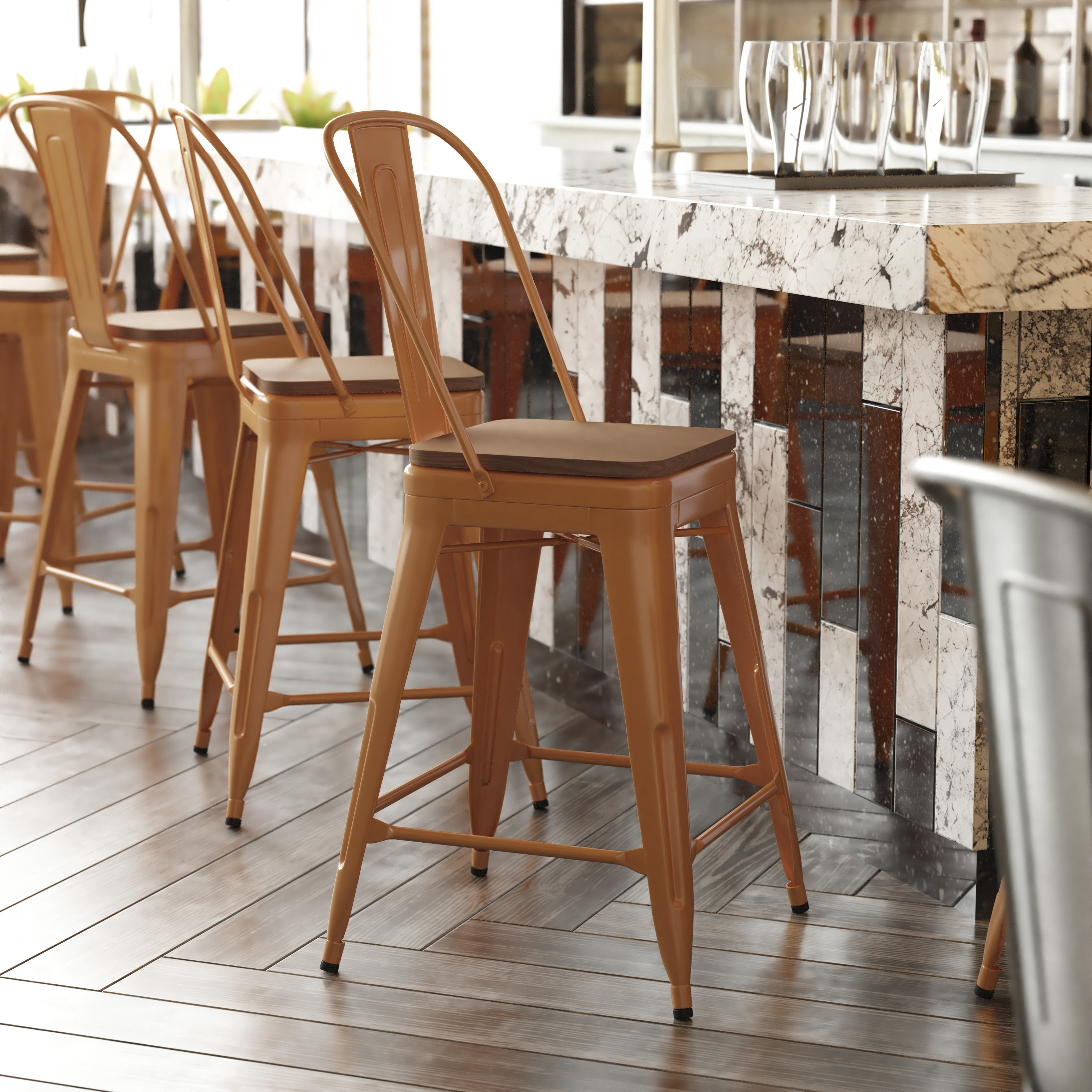 Kai Commercial Grade 24" High Orange Metal Indoor-Outdoor Counter Height Stool with Removable Back and Teak All-Weather Poly Resin Seat